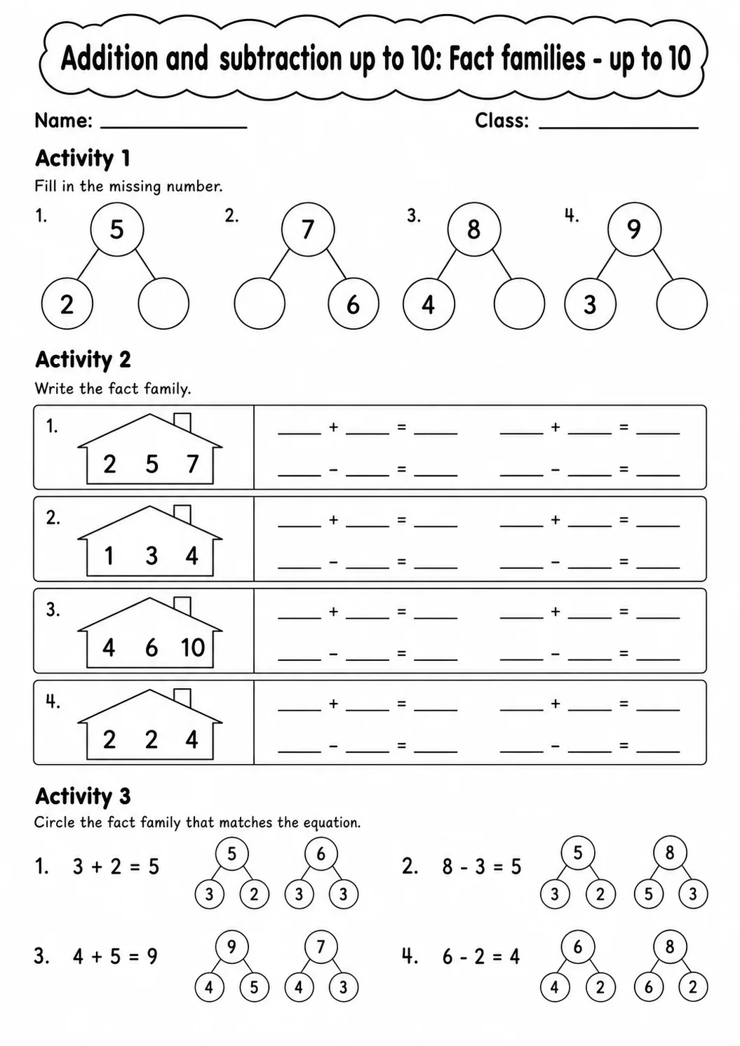 Grade 1 Addition and Subtraction up to 10 Math Worksheet Pack printable worksheet pack preview