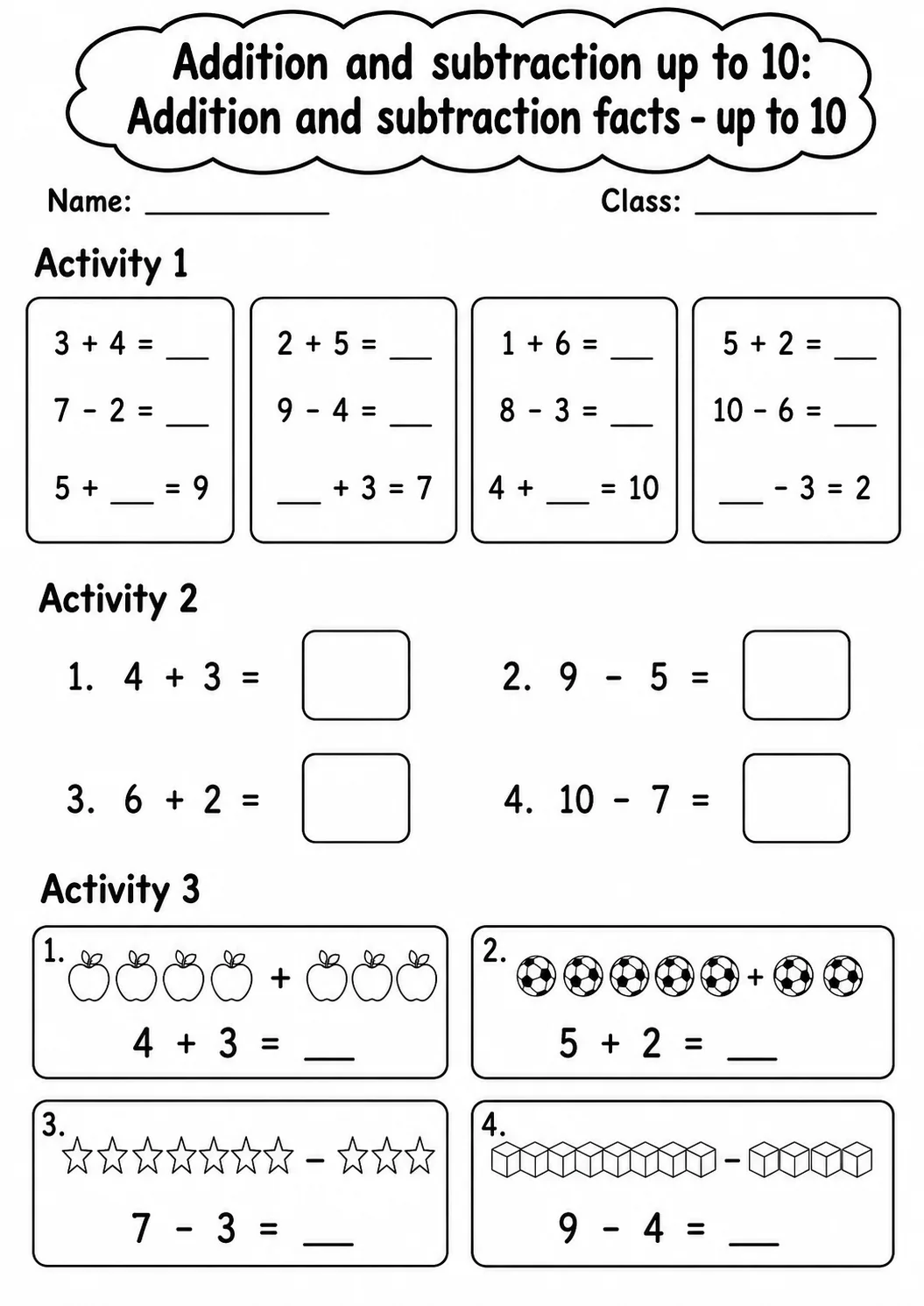 Grade 1 Addition and Subtraction up to 10 Math Worksheet Pack page 3 printable worksheet preview