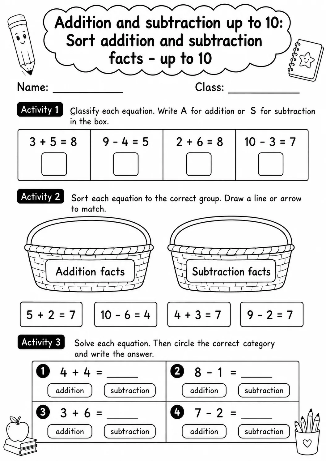 Grade 1 Addition and Subtraction up to 10 Math Worksheet Pack page 4 printable worksheet preview