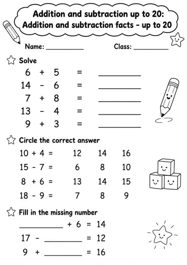 Grade 1 Addition And Subtraction Up To 20 Math Worksheet Pack
