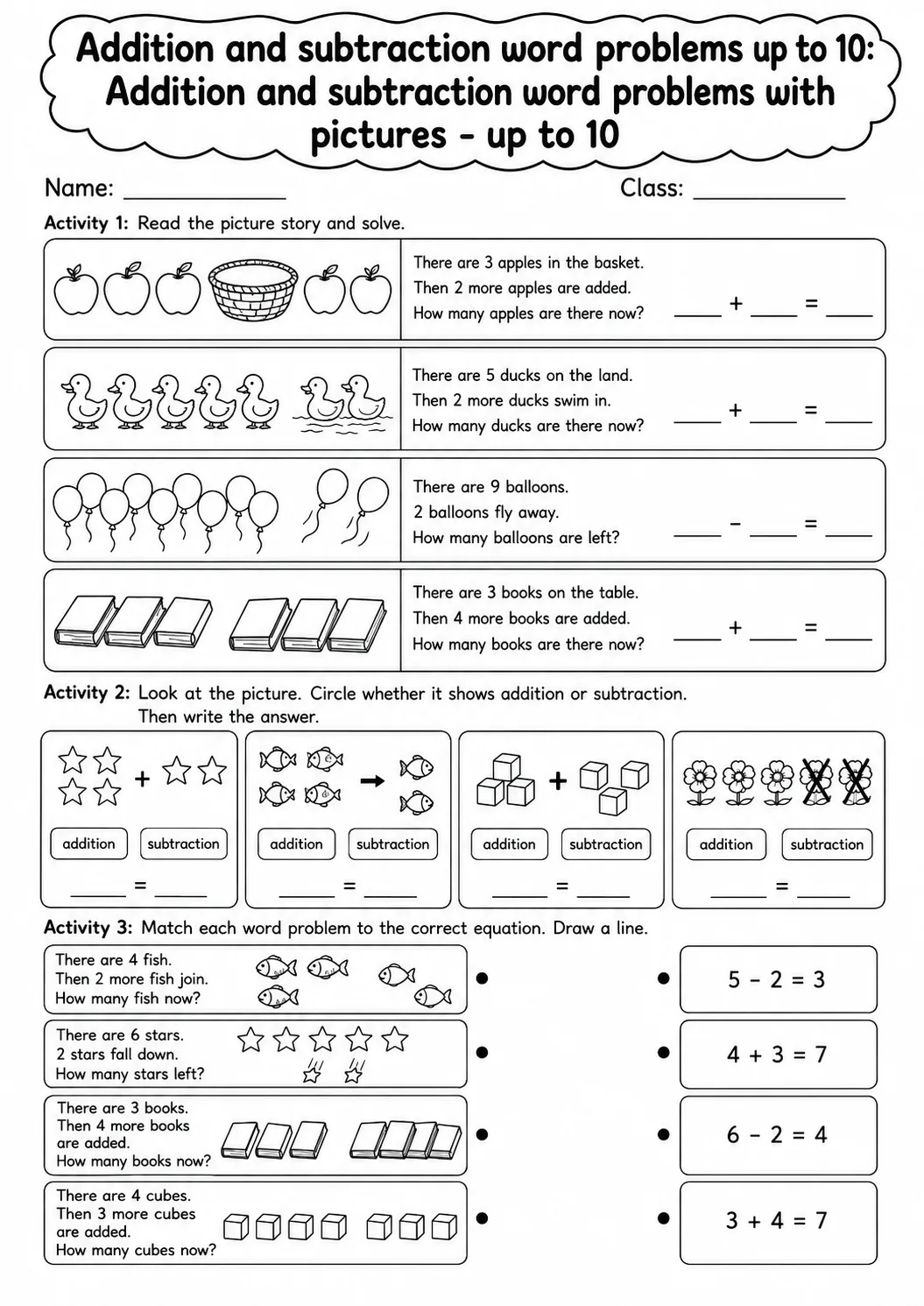 Grade 1 Addition and Subtraction Word Problems up to 10 Math Worksheet Pack printable worksheet pack preview
