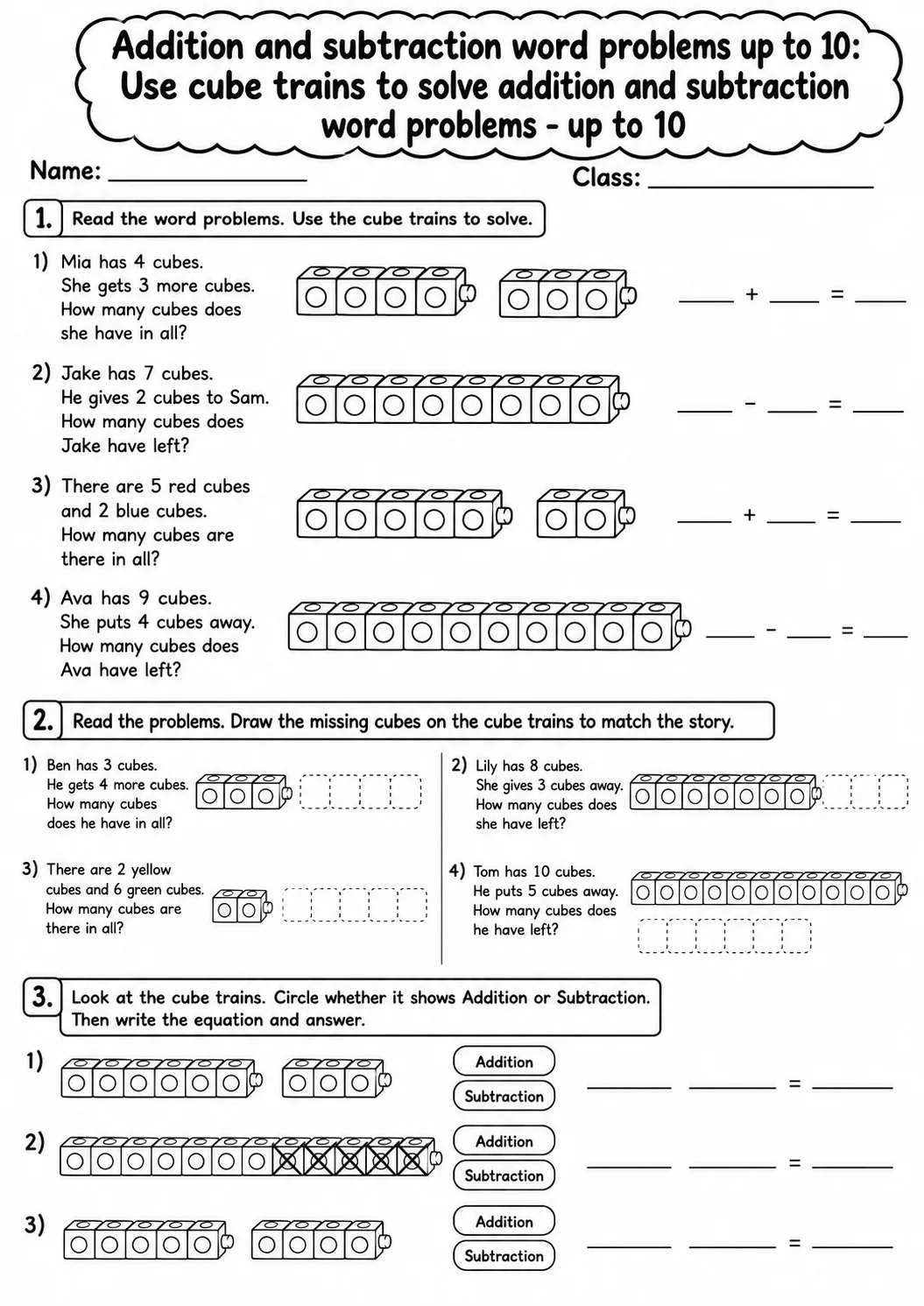 Grade 1 Addition and Subtraction Word Problems up to 10 Math Worksheet Pack page 2 printable worksheet preview