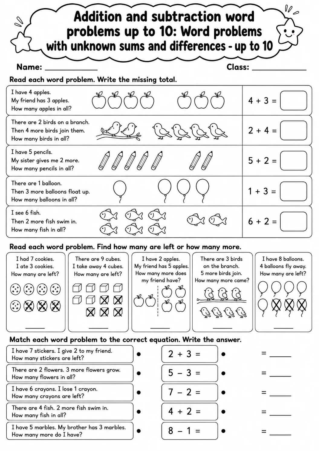 Grade 1 Addition and Subtraction Word Problems up to 10 Math Worksheet Pack page 3 printable worksheet preview