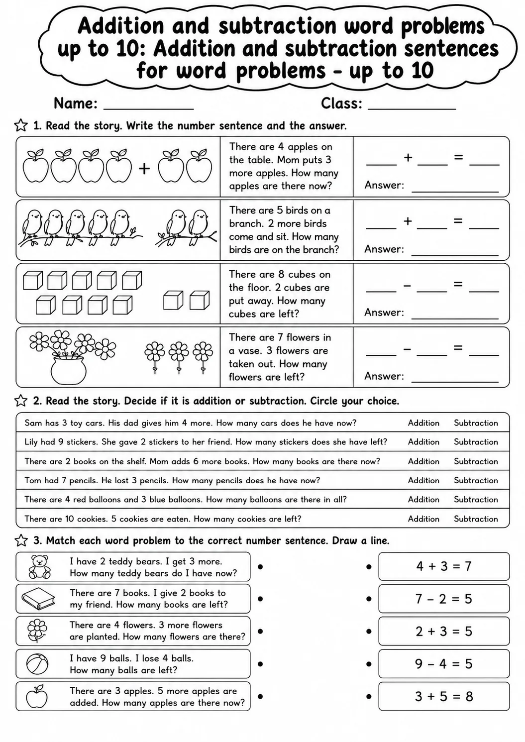 Grade 1 Addition and Subtraction Word Problems up to 10 Math Worksheet Pack page 4 printable worksheet preview