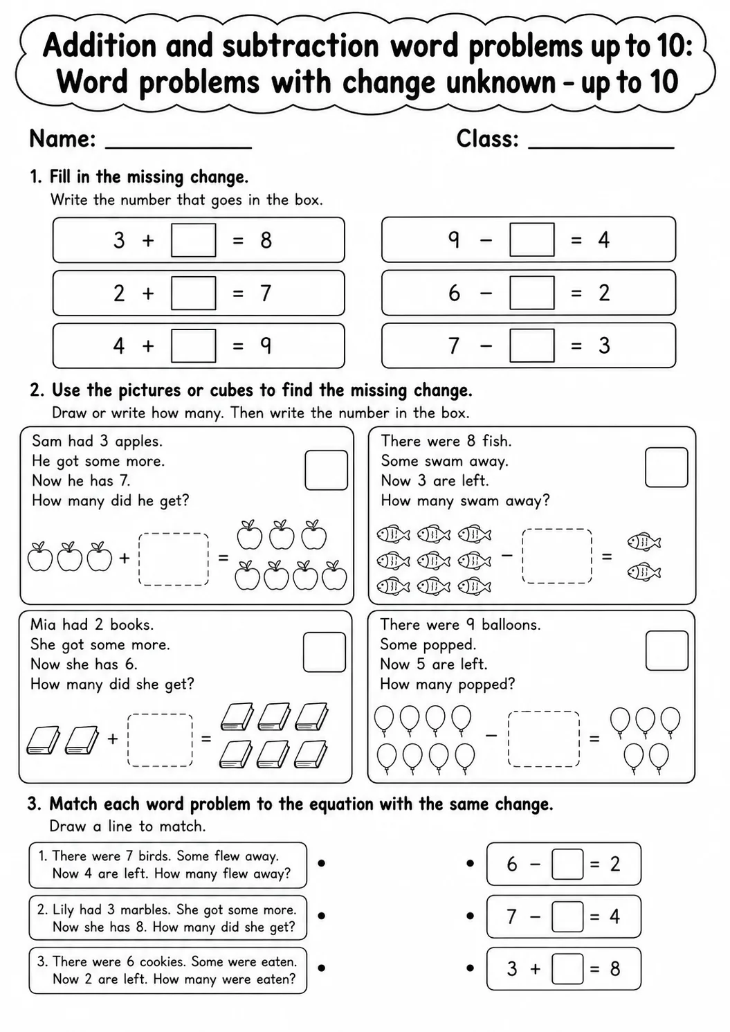 Grade 1 Addition and Subtraction Word Problems up to 10 Math Worksheet Pack page 5 printable worksheet preview
