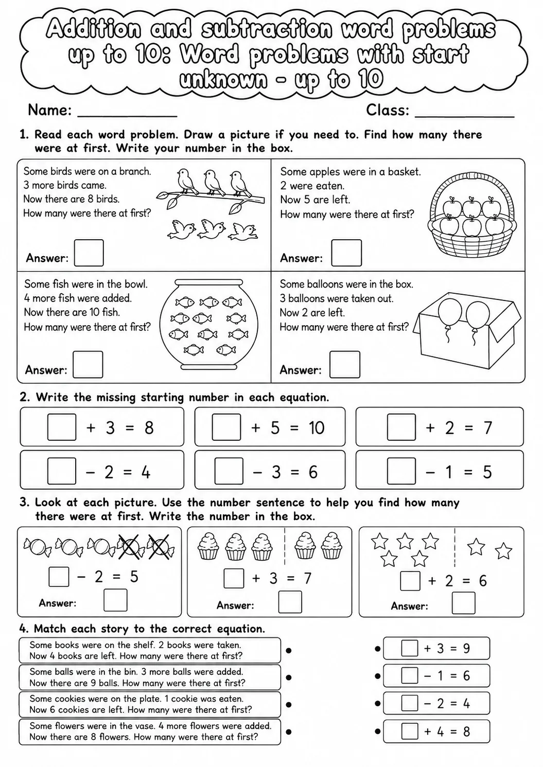 Grade 1 Addition and Subtraction Word Problems up to 10 Math Worksheet Pack page 6 printable worksheet preview