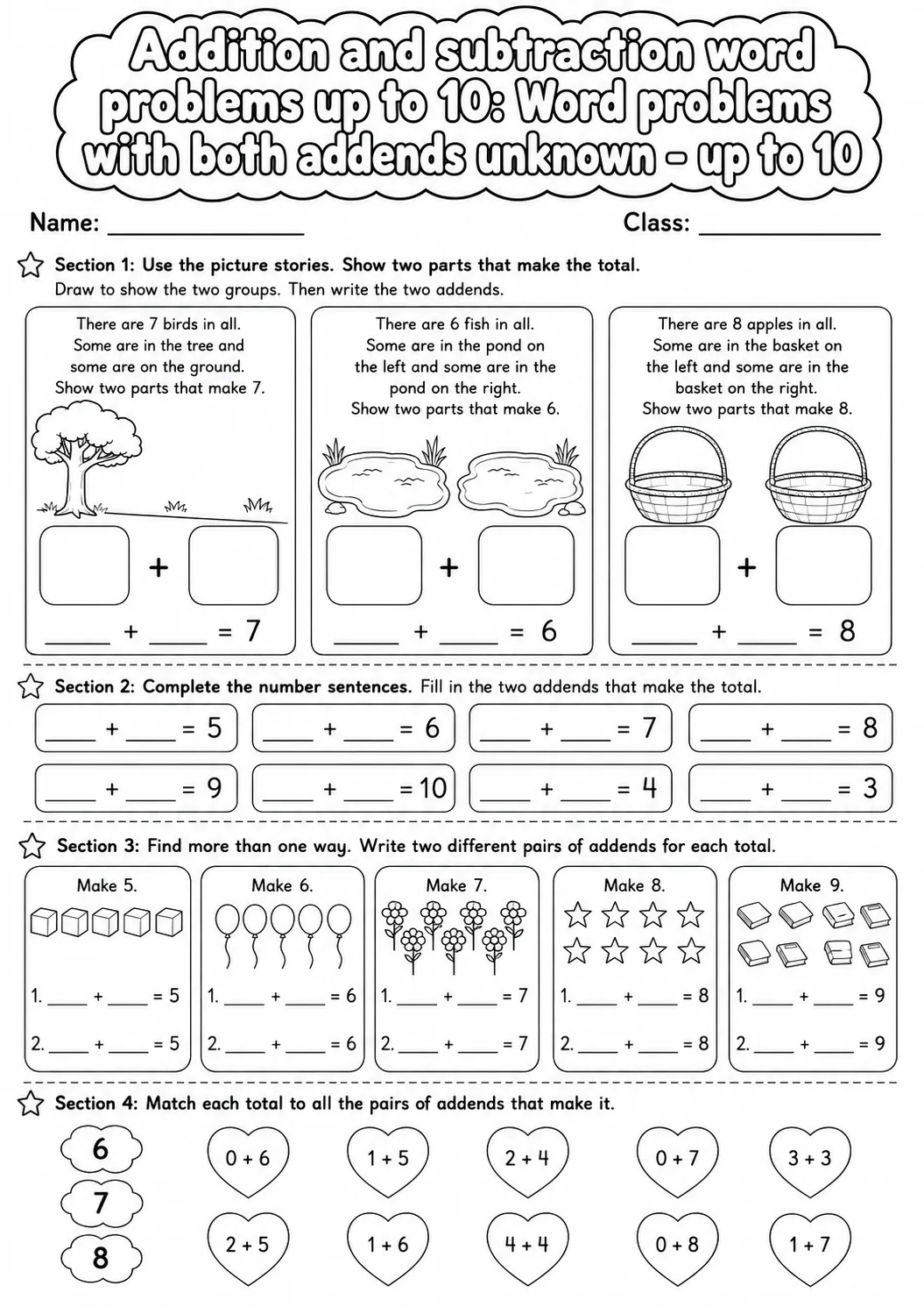 Grade 1 Addition and Subtraction Word Problems up to 10 Math Worksheet Pack page 8 printable worksheet preview