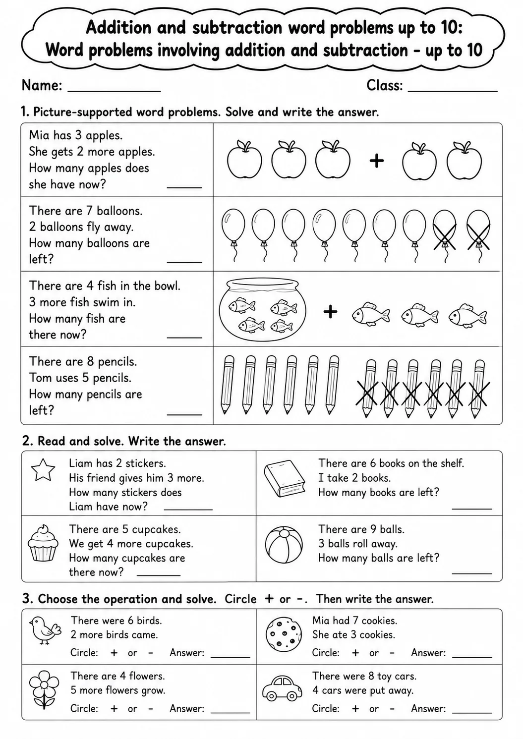 Grade 1 Addition and Subtraction Word Problems up to 10 Math Worksheet Pack page 9 printable worksheet preview