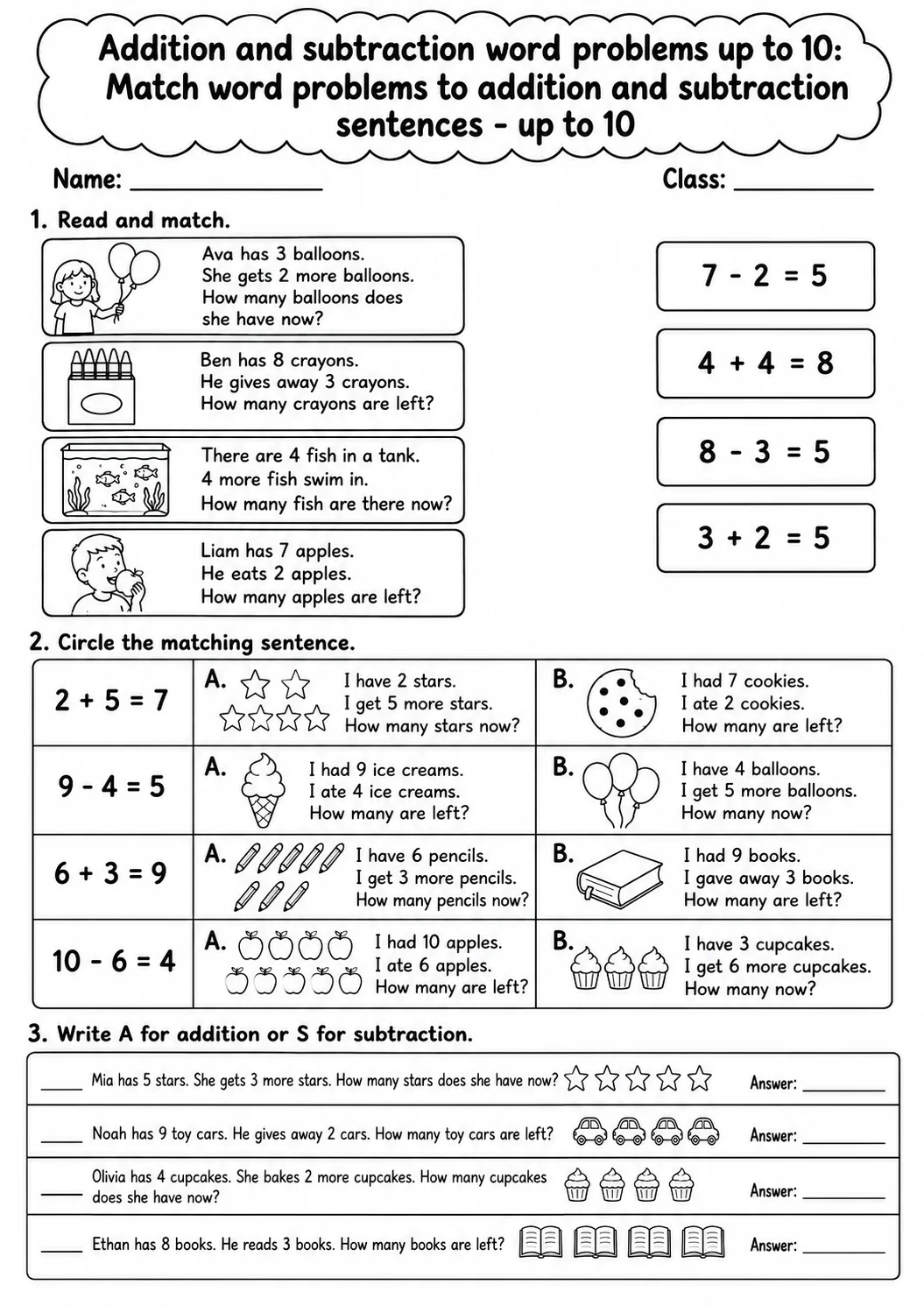 Grade 1 Addition and Subtraction Word Problems up to 10 Math Worksheet Pack page 10 printable worksheet preview