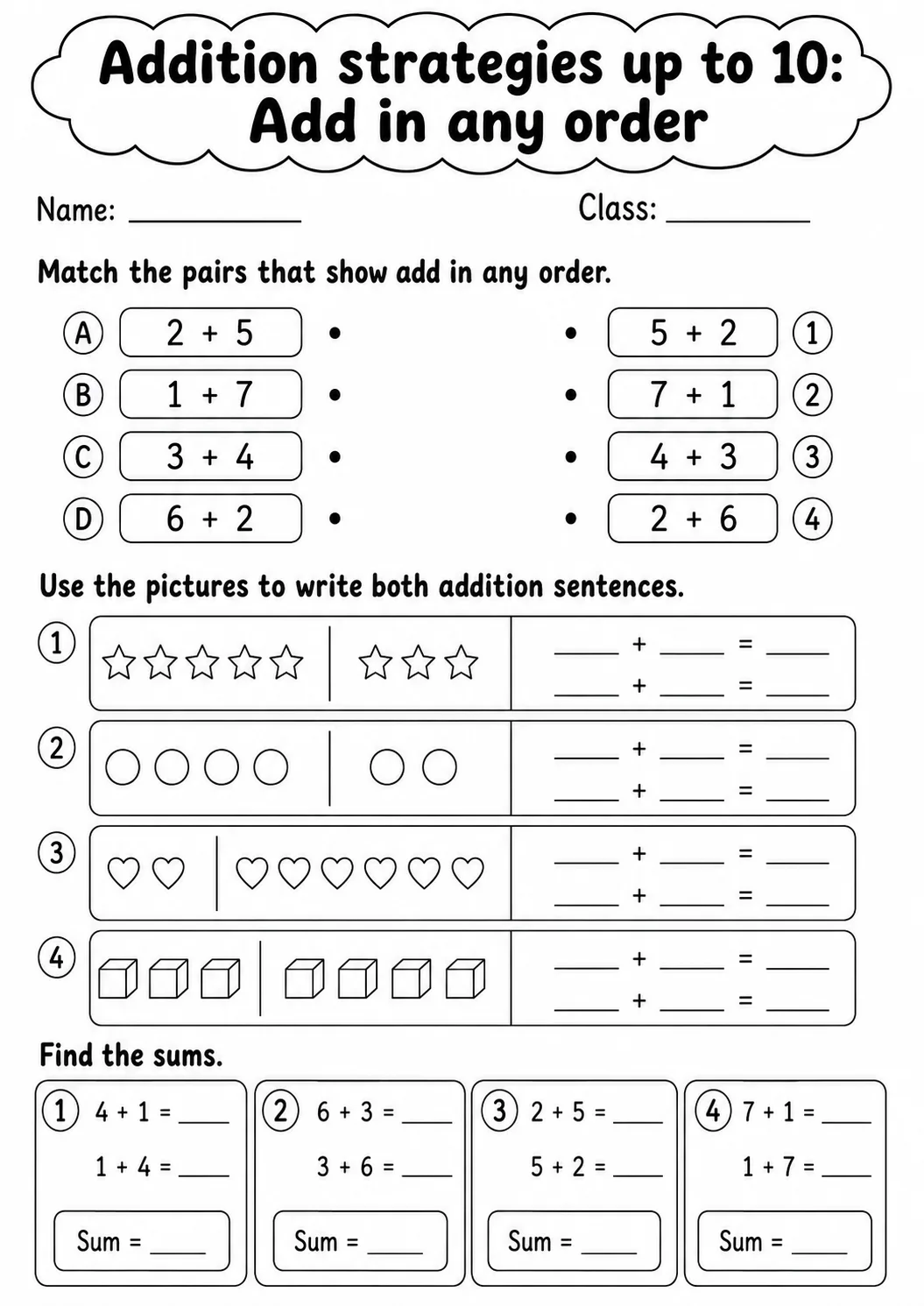 Grade 1 Addition Strategies up to 10 Math Worksheet Pack printable worksheet pack preview
