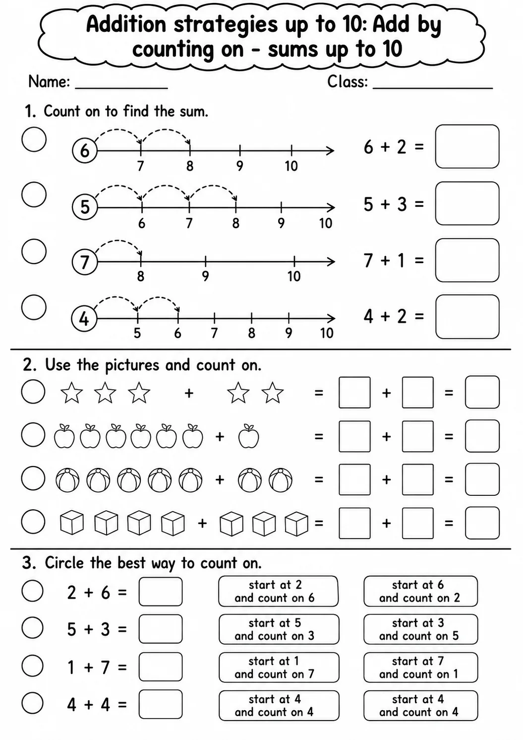 Grade 1 Addition Strategies up to 10 Math Worksheet Pack page 2 printable worksheet preview