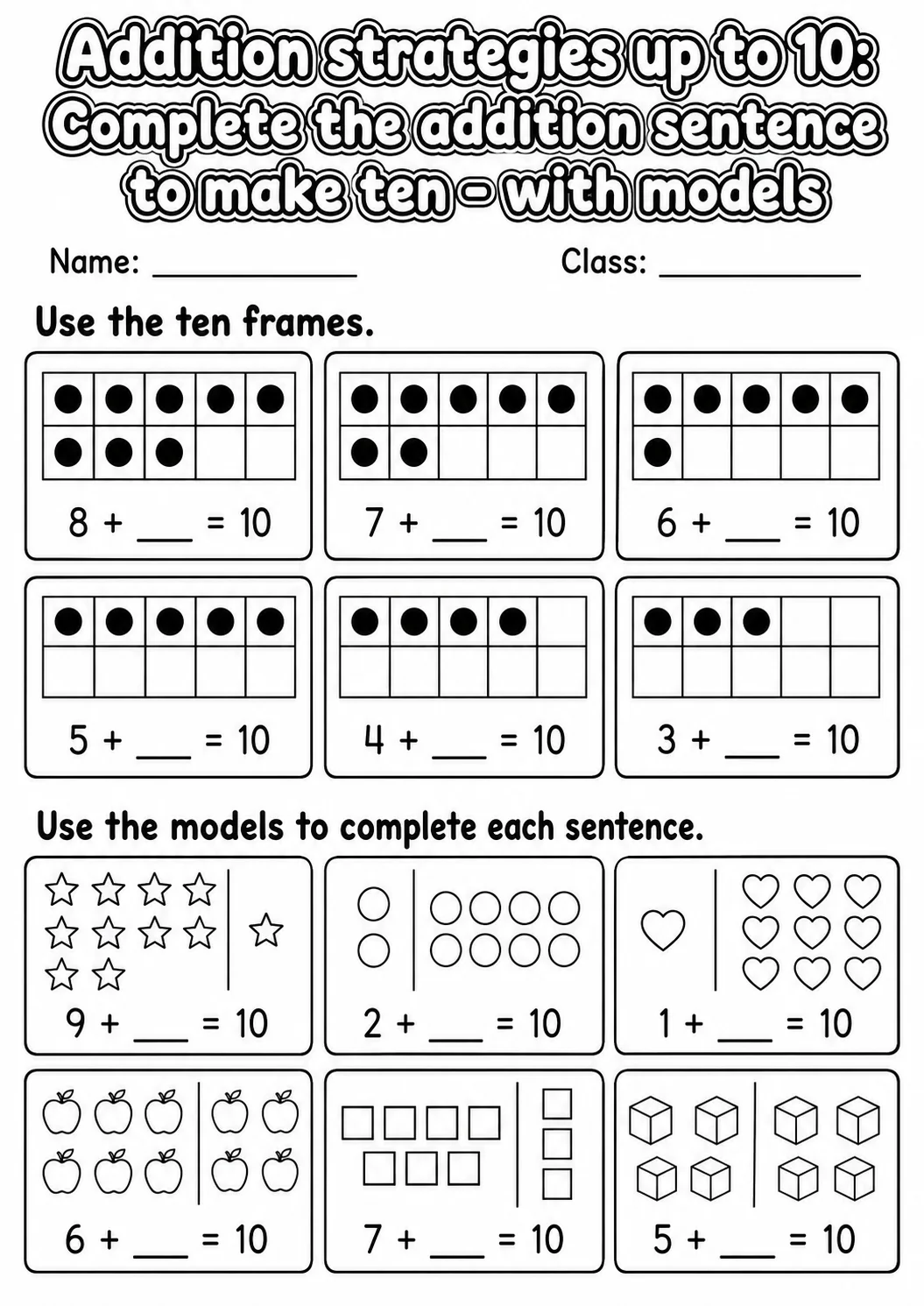 Grade 1 Addition Strategies up to 10 Math Worksheet Pack page 3 printable worksheet preview