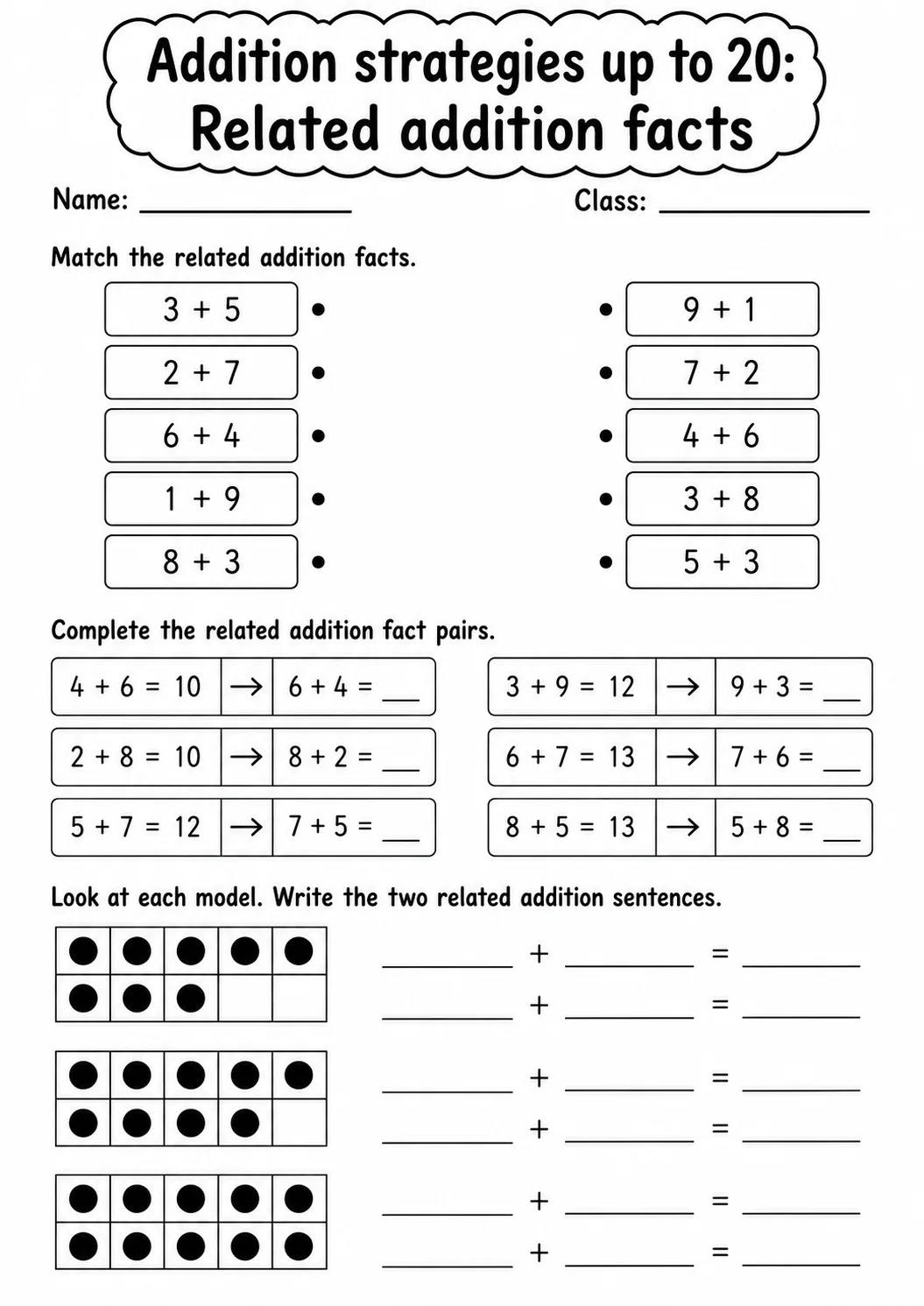 Grade 1 Addition Strategies up to 20 Math Worksheet Pack printable worksheet pack preview