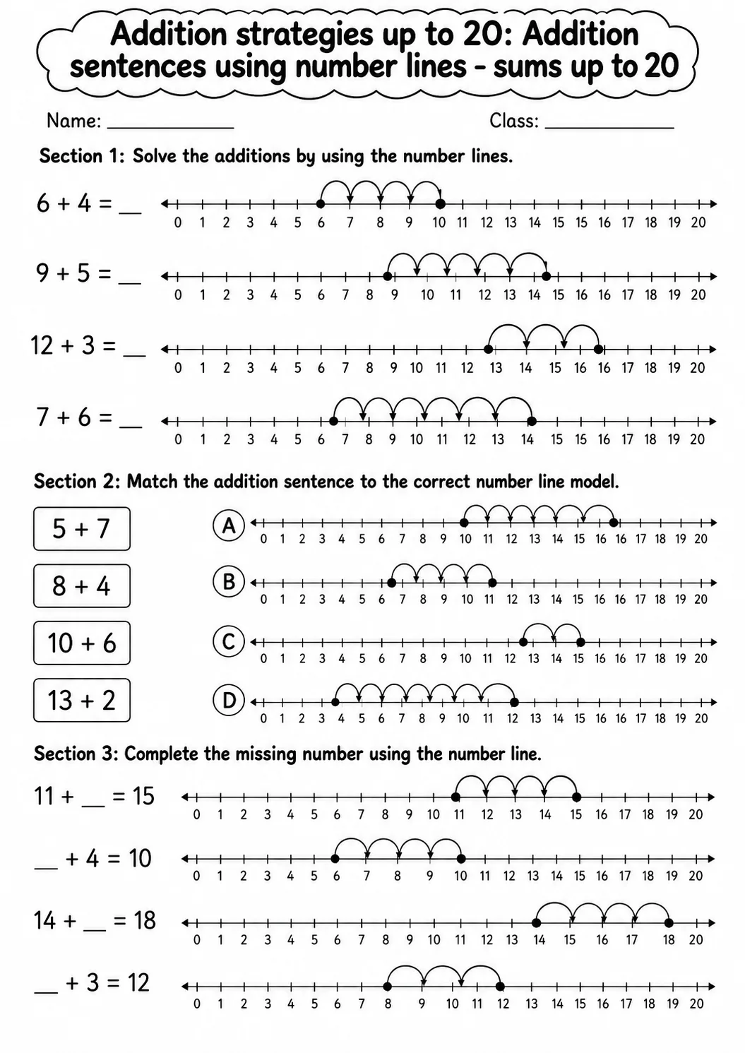 Grade 1 Addition Strategies up to 20 Math Worksheet Pack page 2 printable worksheet preview