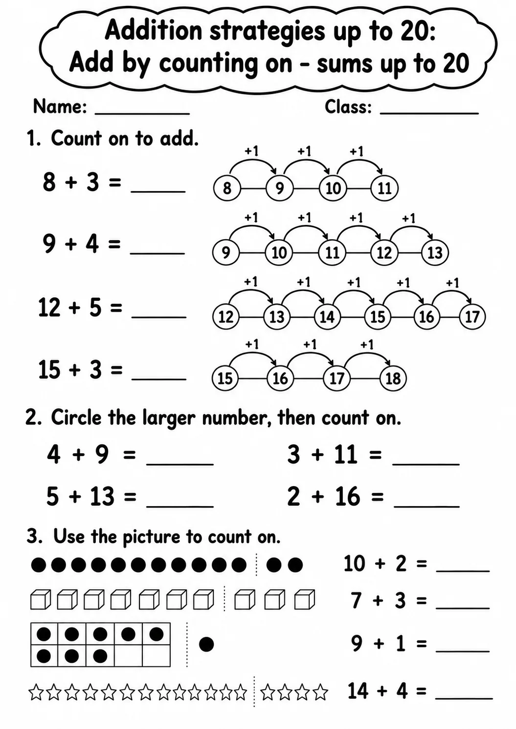 Grade 1 Addition Strategies up to 20 Math Worksheet Pack page 3 printable worksheet preview