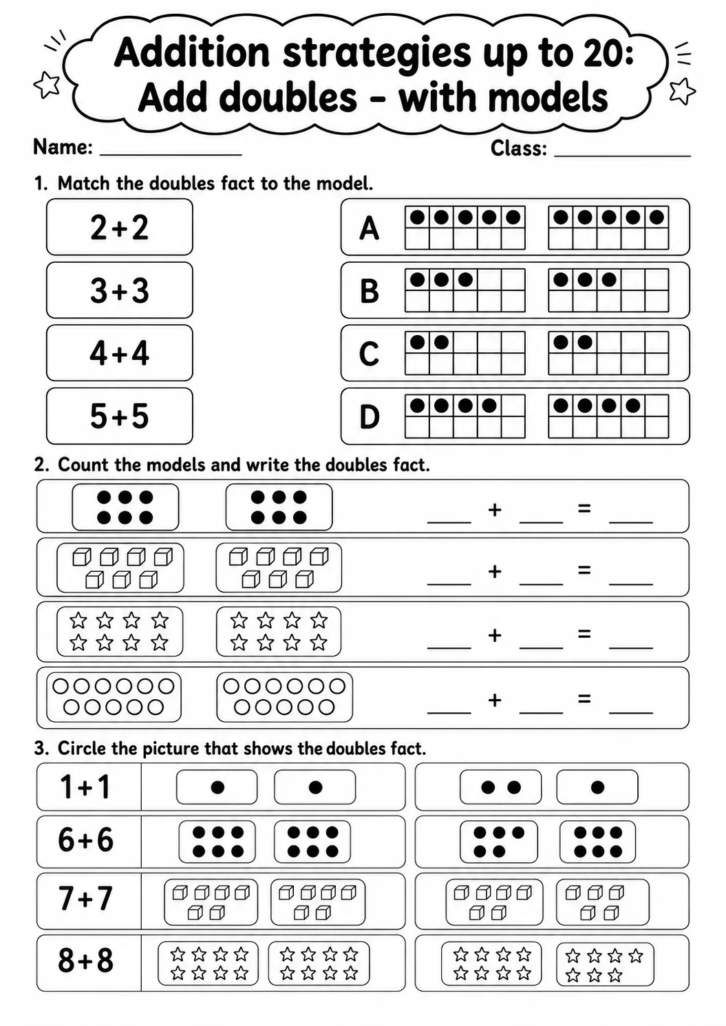 Grade 1 Addition Strategies up to 20 Math Worksheet Pack page 4 printable worksheet preview
