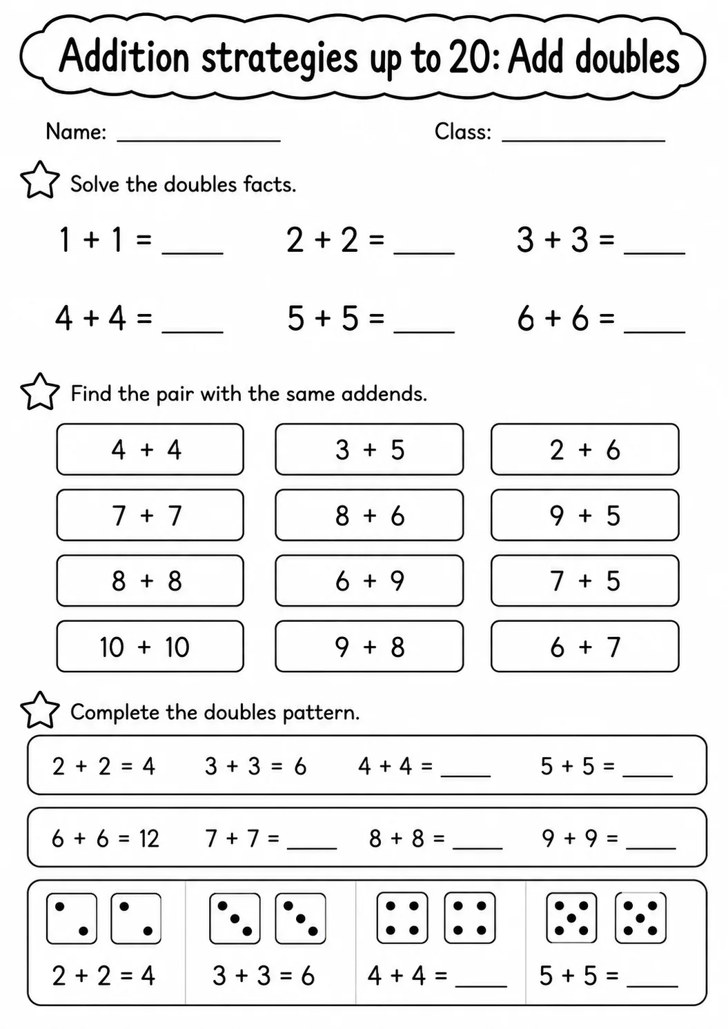 Grade 1 Addition Strategies up to 20 Math Worksheet Pack page 5 printable worksheet preview
