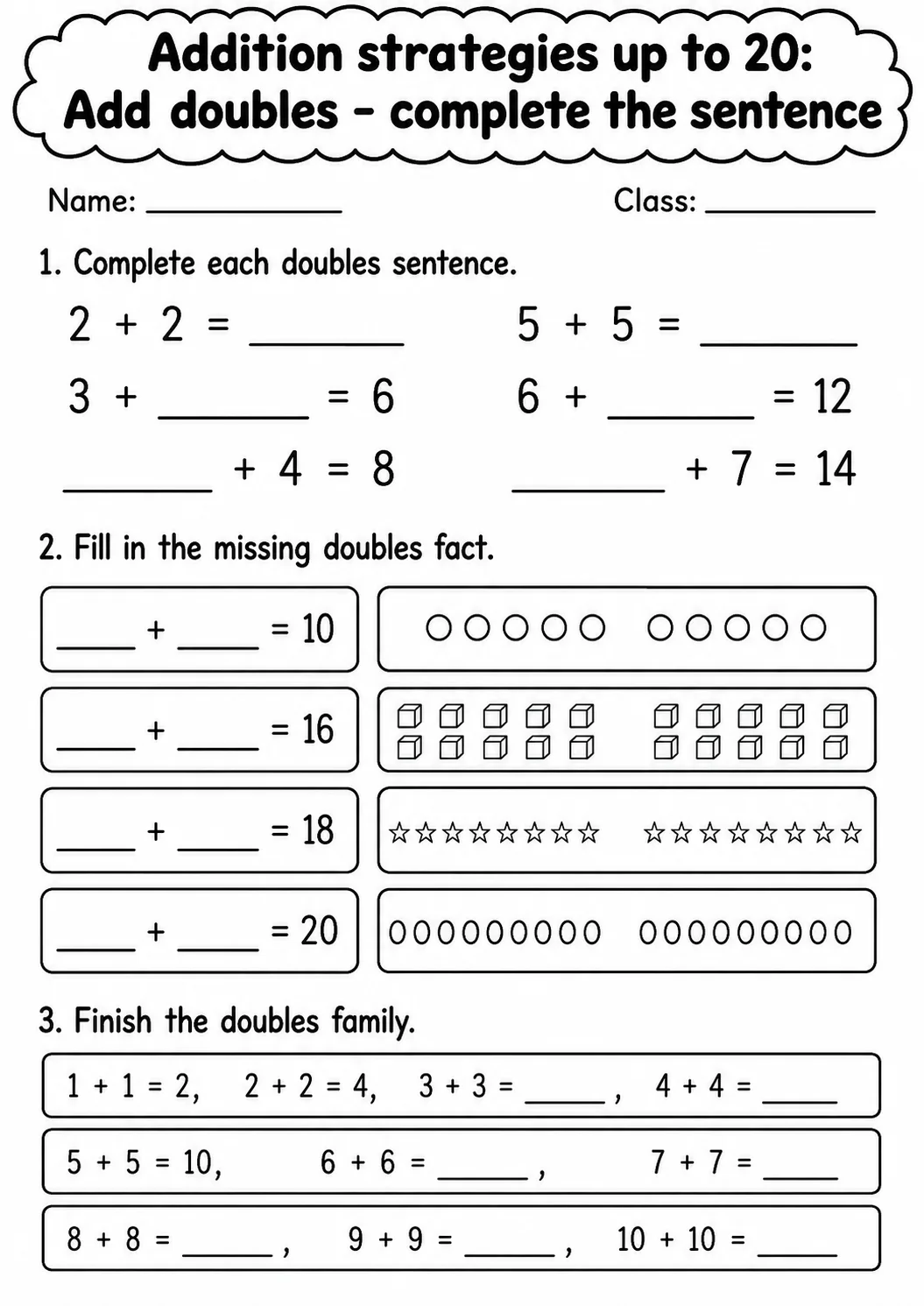 Grade 1 Addition Strategies up to 20 Math Worksheet Pack page 6 printable worksheet preview