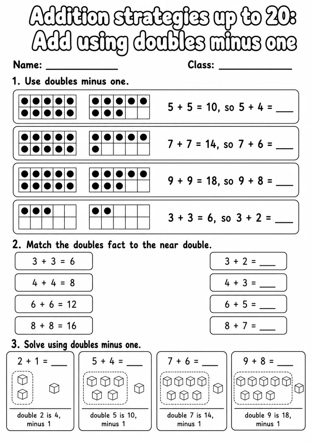 Grade 1 Addition Strategies up to 20 Math Worksheet Pack page 8 printable worksheet preview
