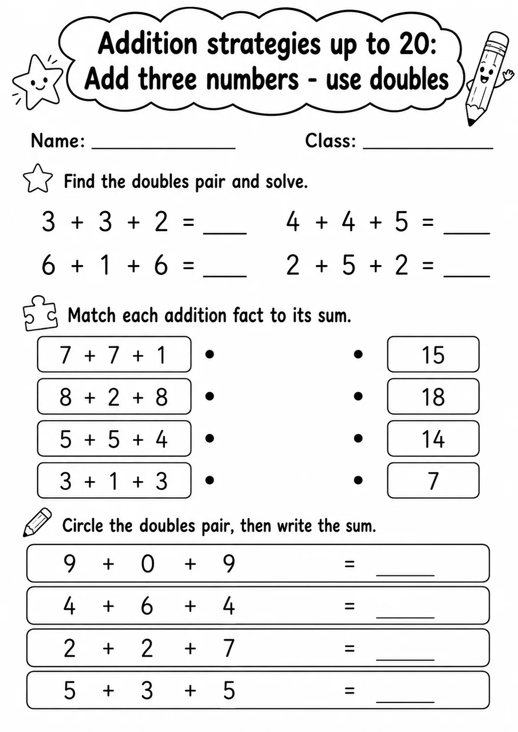 Grade 1 Addition Strategies up to 20 Math Worksheet Pack page 10 printable worksheet preview