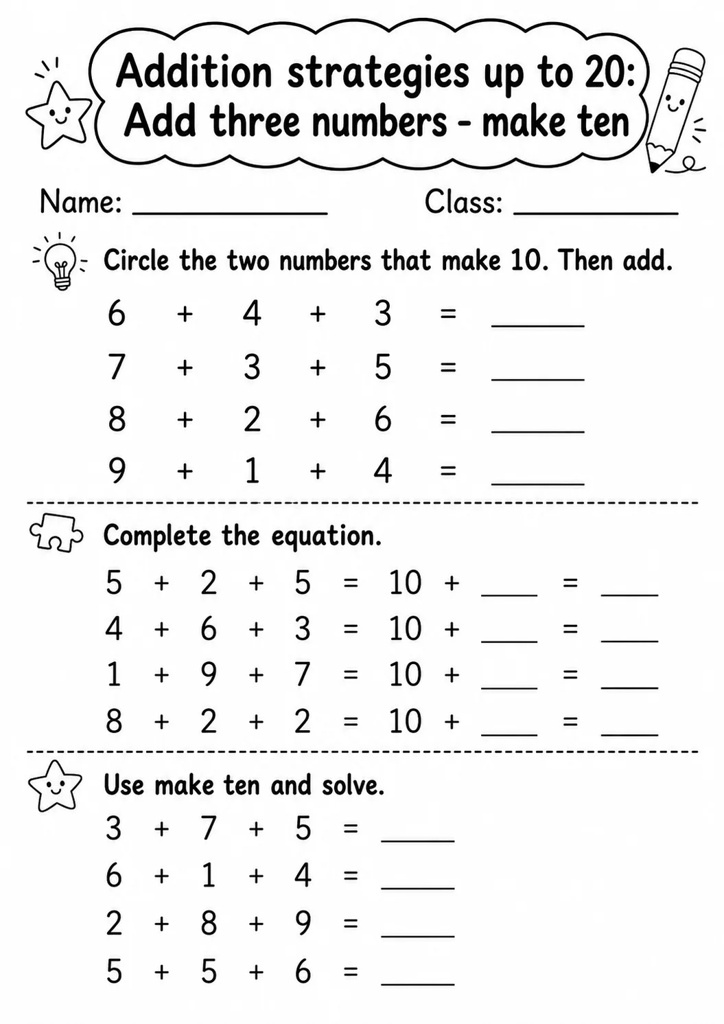 Grade 1 Addition Strategies up to 20 Math Worksheet Pack page 13 printable worksheet preview