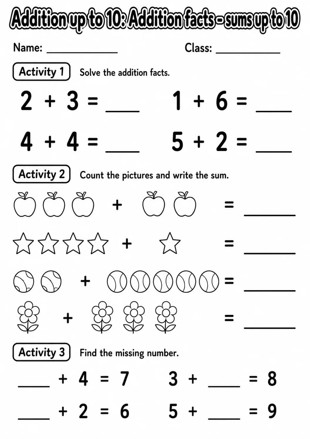 Grade 1 Addition up to 10 Math Worksheet Pack printable worksheet pack preview