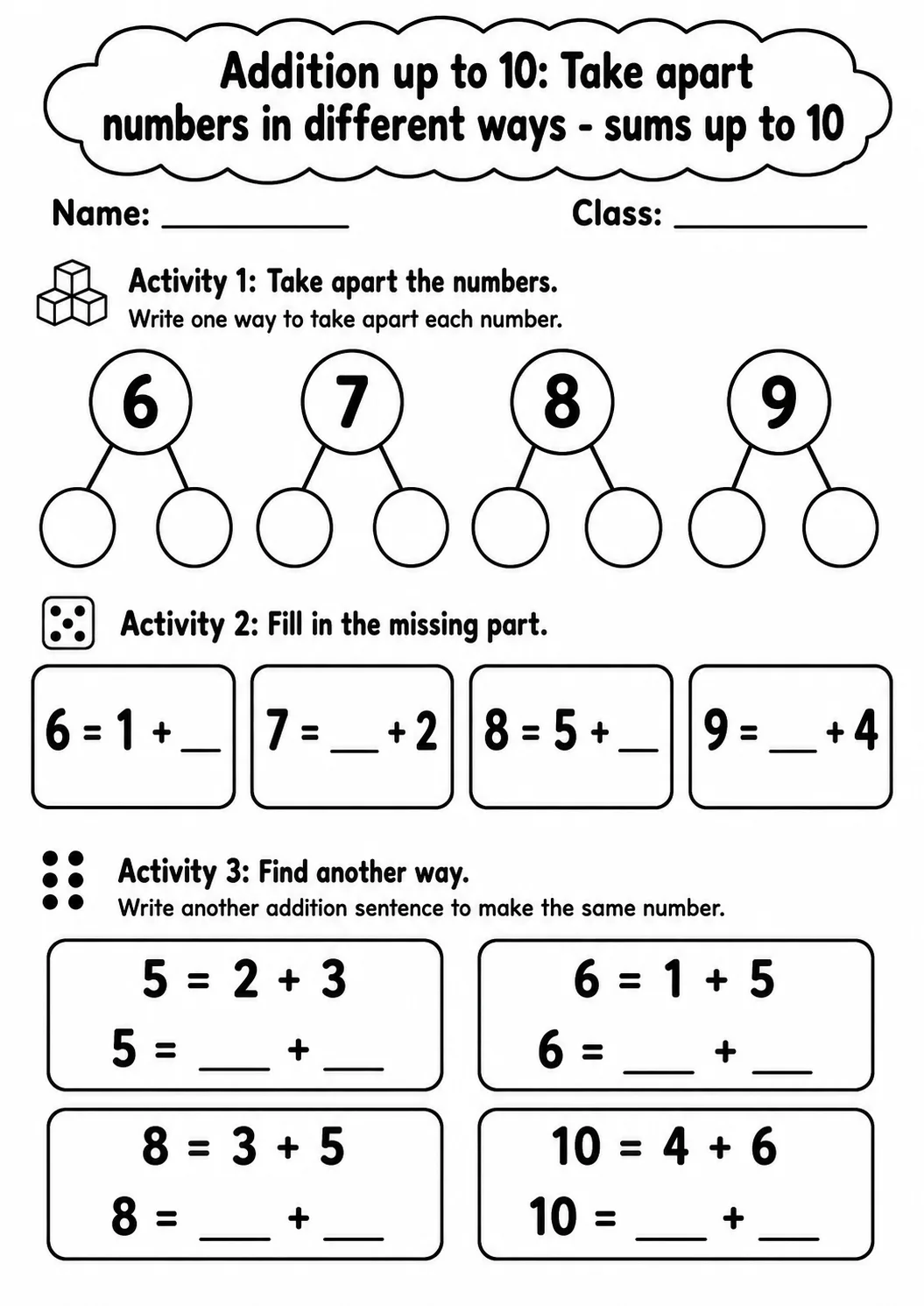 Grade 1 Addition up to 10 Math Worksheet Pack page 2 printable worksheet preview