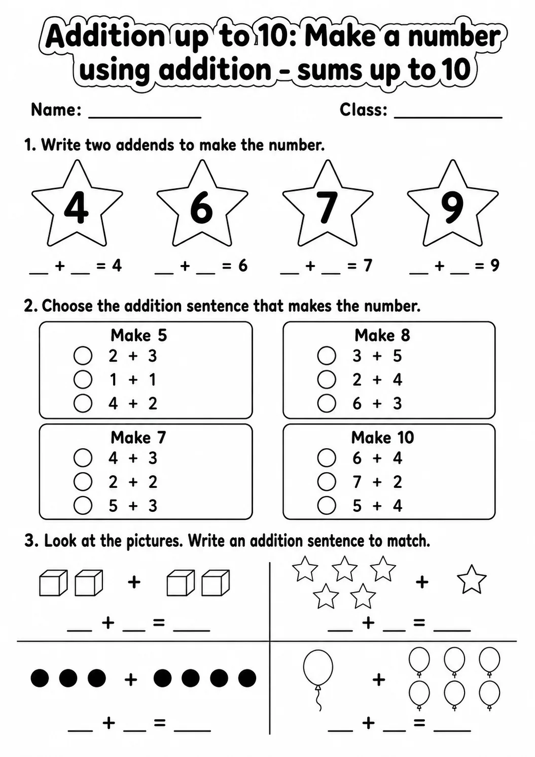 Grade 1 Addition up to 10 Math Worksheet Pack page 3 printable worksheet preview