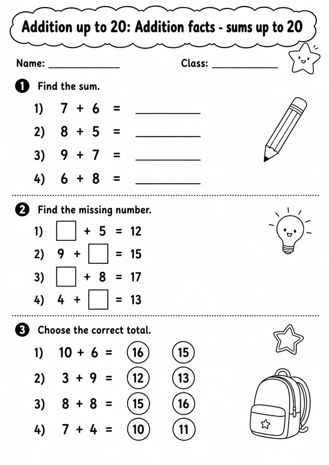 Grade 1 Addition up to 20 Math Worksheet Pack page 12 printable worksheet preview