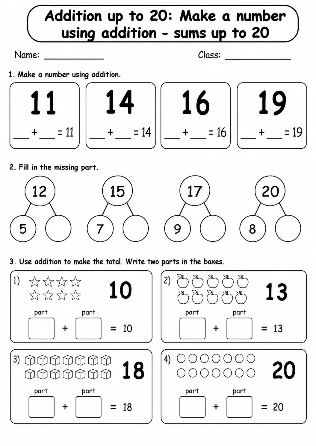 Grade 1 Addition up to 20 Math Worksheet Pack page 14 printable worksheet preview
