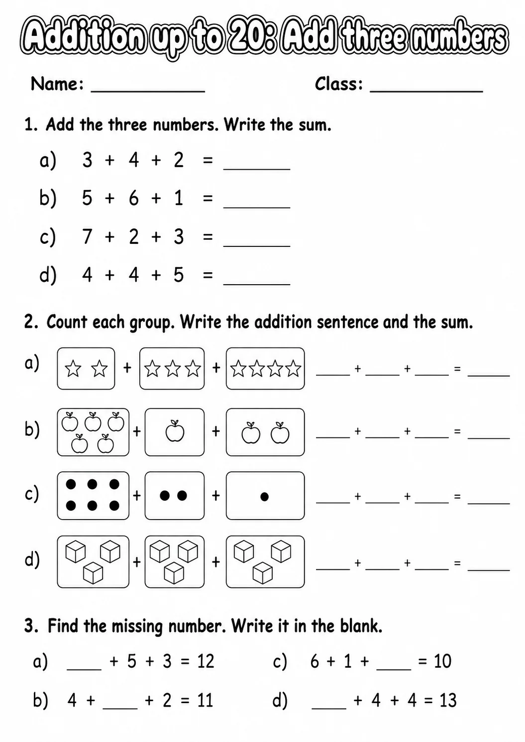 Grade 1 Addition up to 20 Math Worksheet Pack page 15 printable worksheet preview