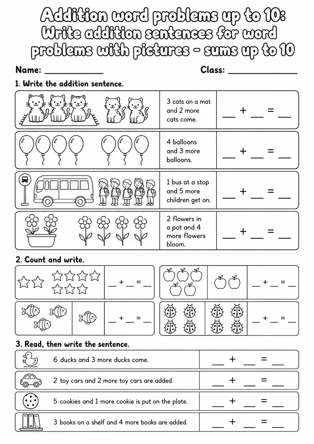 Grade 1 Addition Word Problems up to 10 Math Worksheet Pack page 2 printable worksheet preview