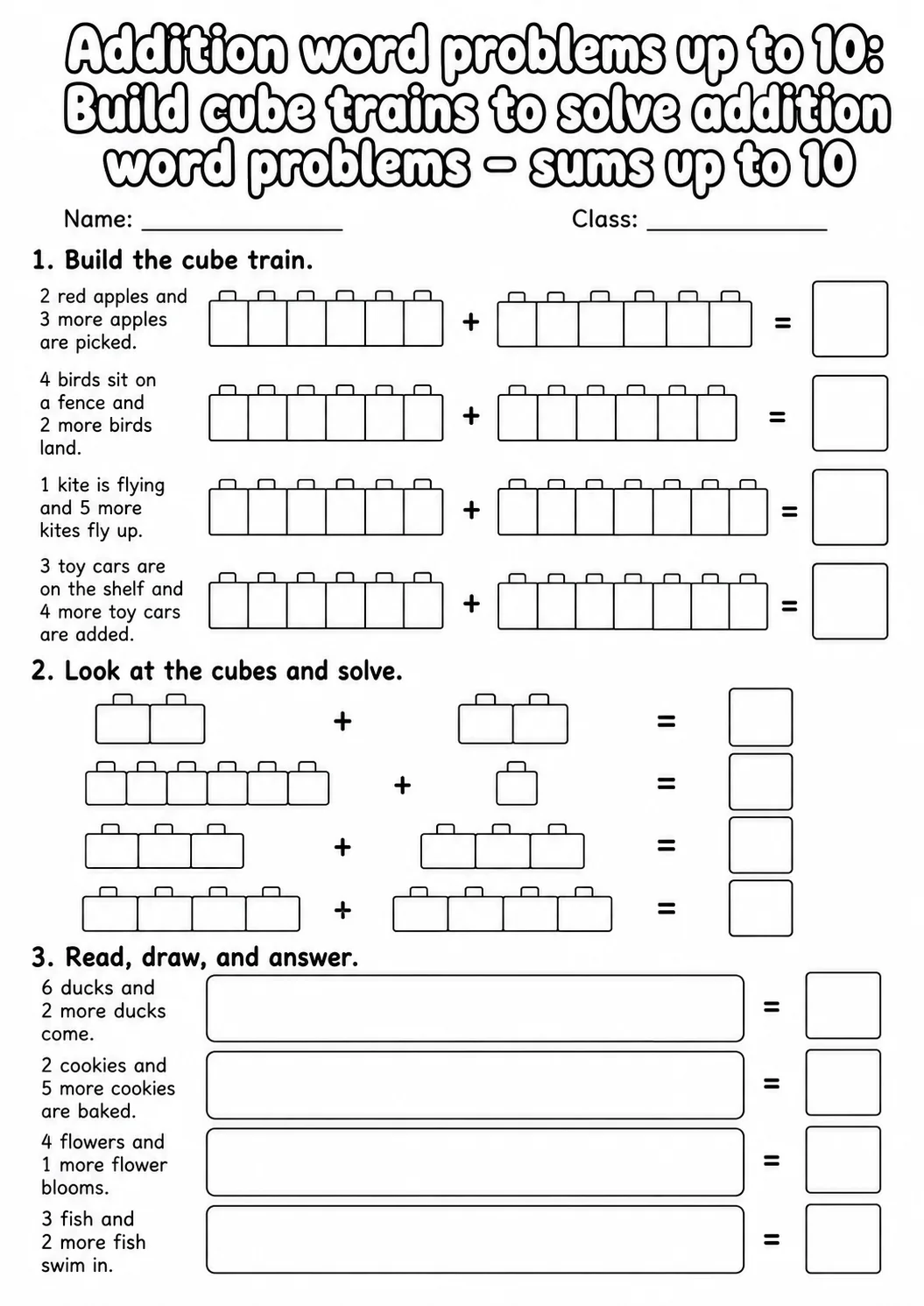 Grade 1 Addition Word Problems up to 10 Math Worksheet Pack page 3 printable worksheet preview