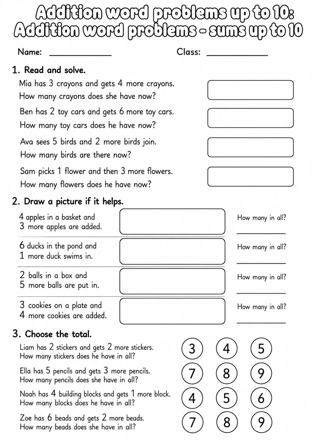 Grade 1 Addition Word Problems up to 10 Math Worksheet Pack page 4 printable worksheet preview