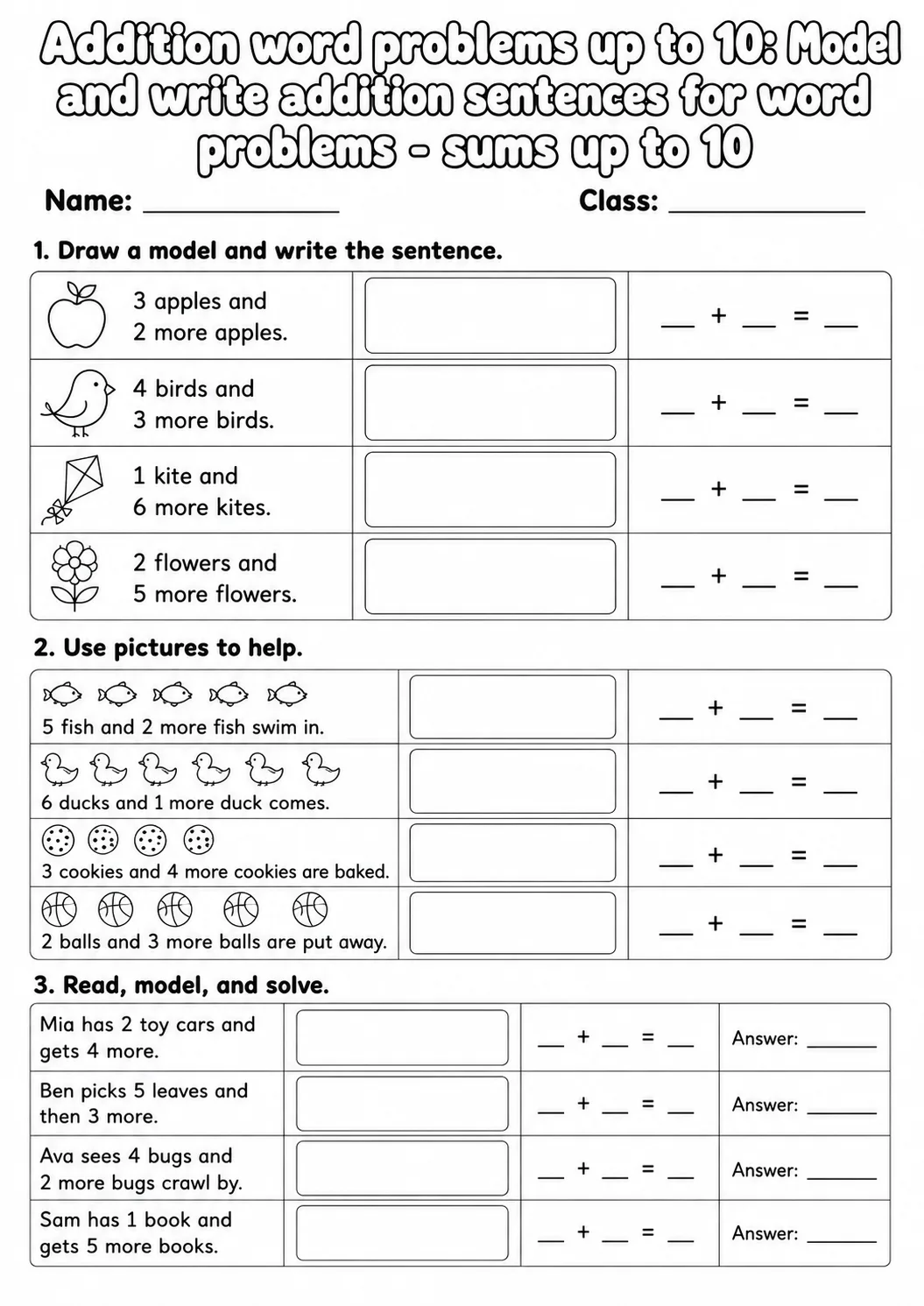 Grade 1 Addition Word Problems up to 10 Math Worksheet Pack page 5 printable worksheet preview