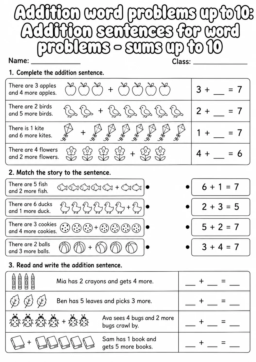 Grade 1 Addition Word Problems up to 10 Math Worksheet Pack page 6 printable worksheet preview
