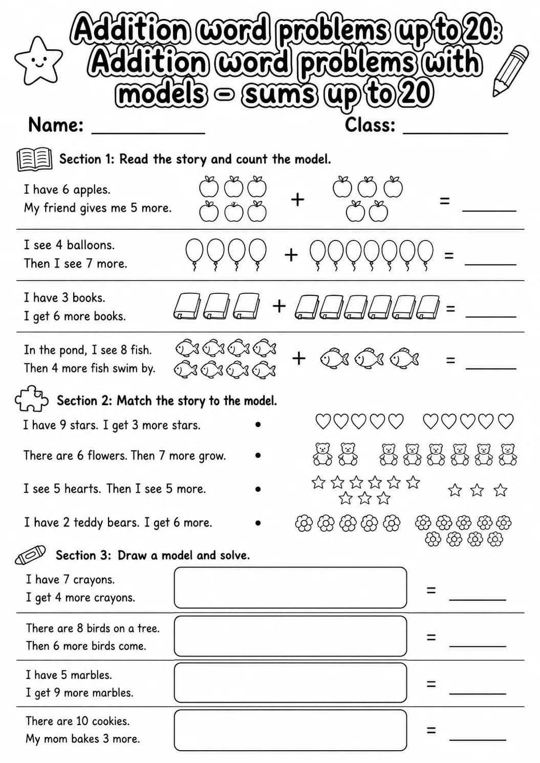 Grade 1 Addition Word Problems up to 20 Math Worksheet Pack printable worksheet pack preview