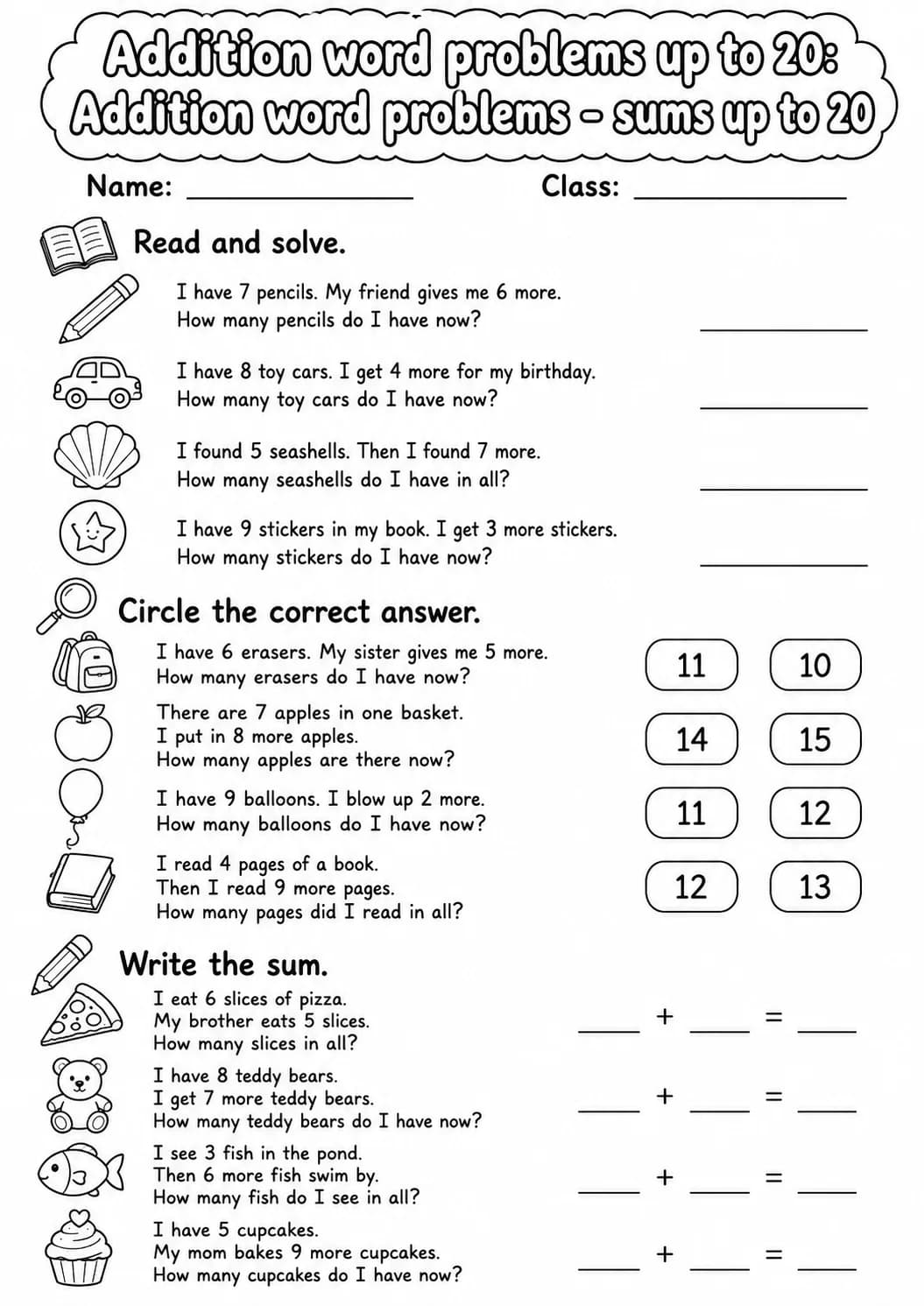 Grade 1 Addition Word Problems up to 20 Math Worksheet Pack page 2 printable worksheet preview