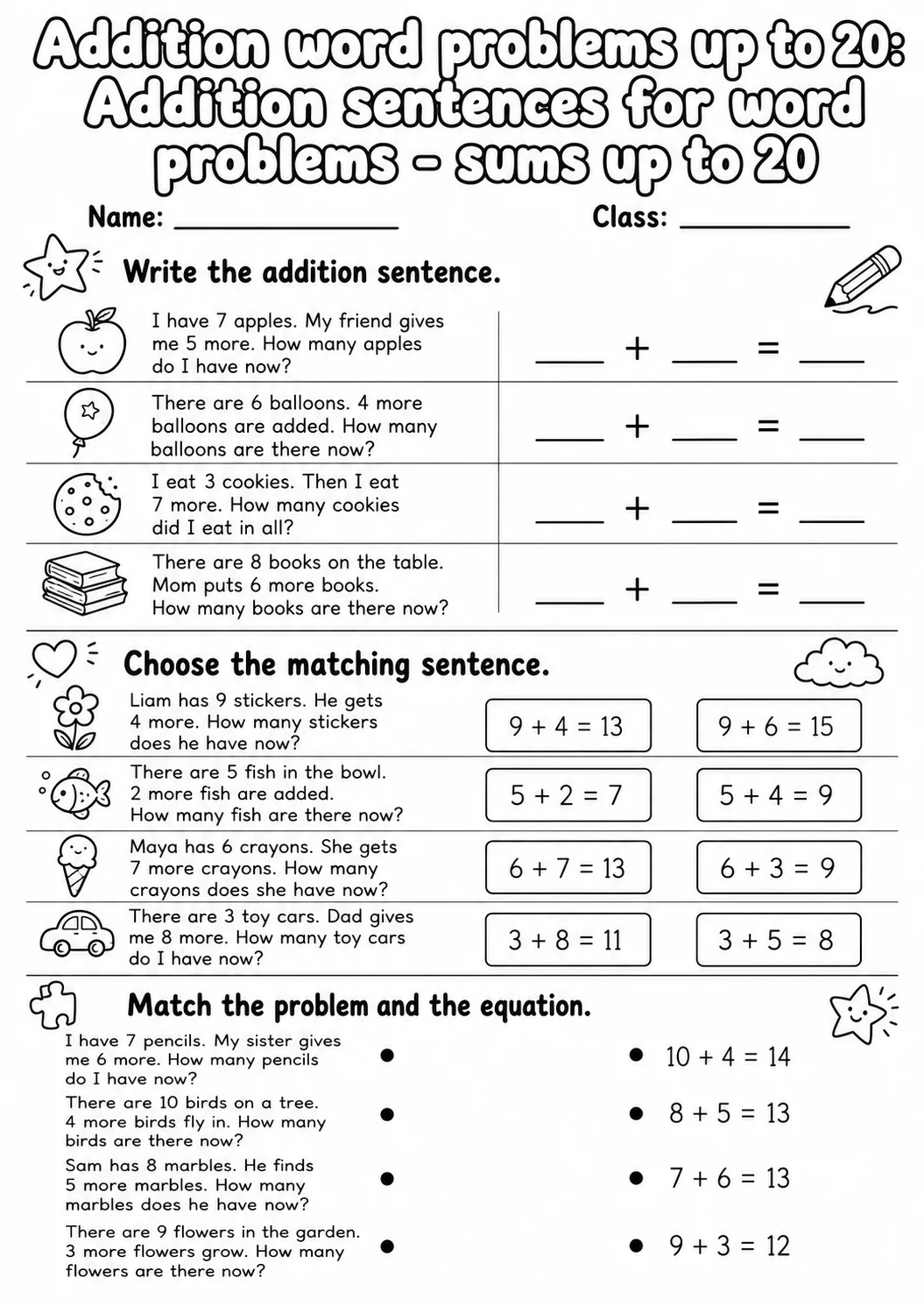 Grade 1 Addition Word Problems up to 20 Math Worksheet Pack page 3 printable worksheet preview