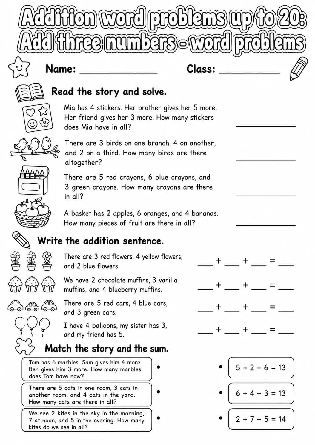 Grade 1 Addition Word Problems up to 20 Math Worksheet Pack page 4 printable worksheet preview