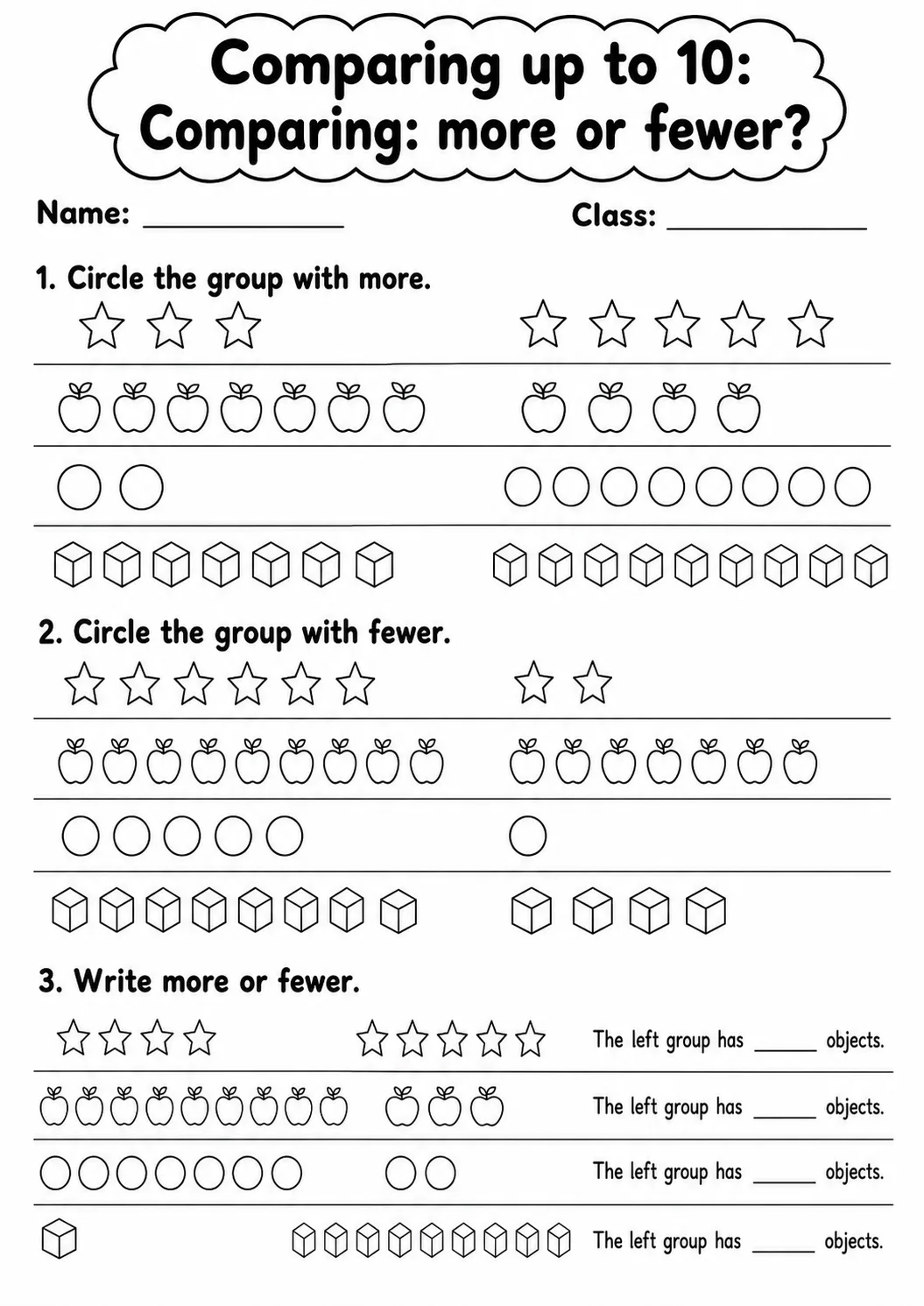 Grade 1 Comparing up to 10 Math Worksheet Pack printable worksheet pack preview