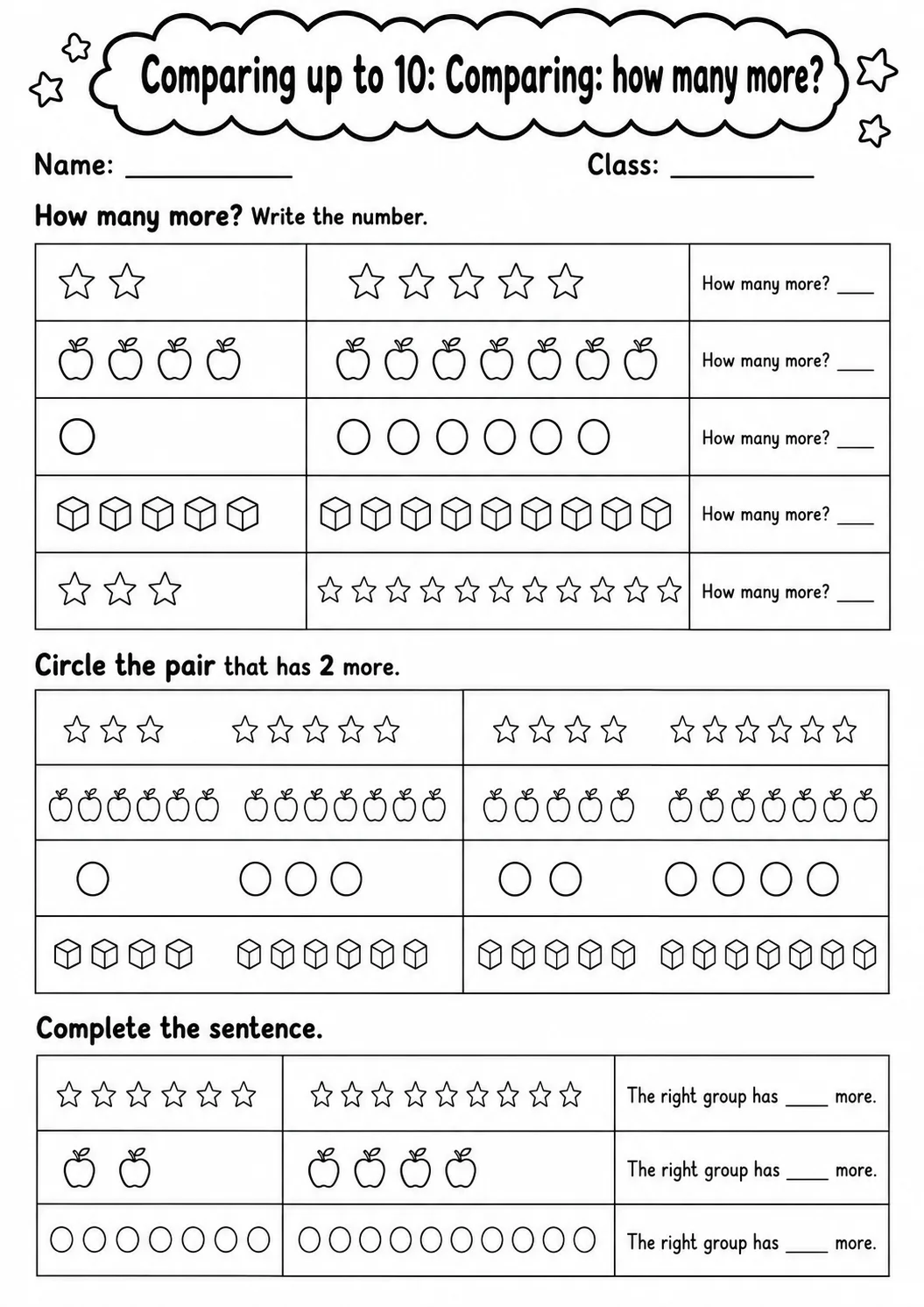 Grade 1 Comparing up to 10 Math Worksheet Pack page 2 printable worksheet preview