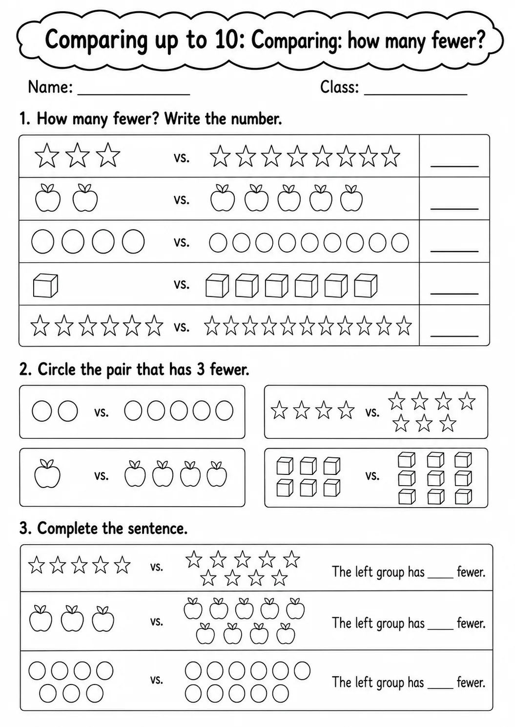 Grade 1 Comparing up to 10 Math Worksheet Pack page 3 printable worksheet preview