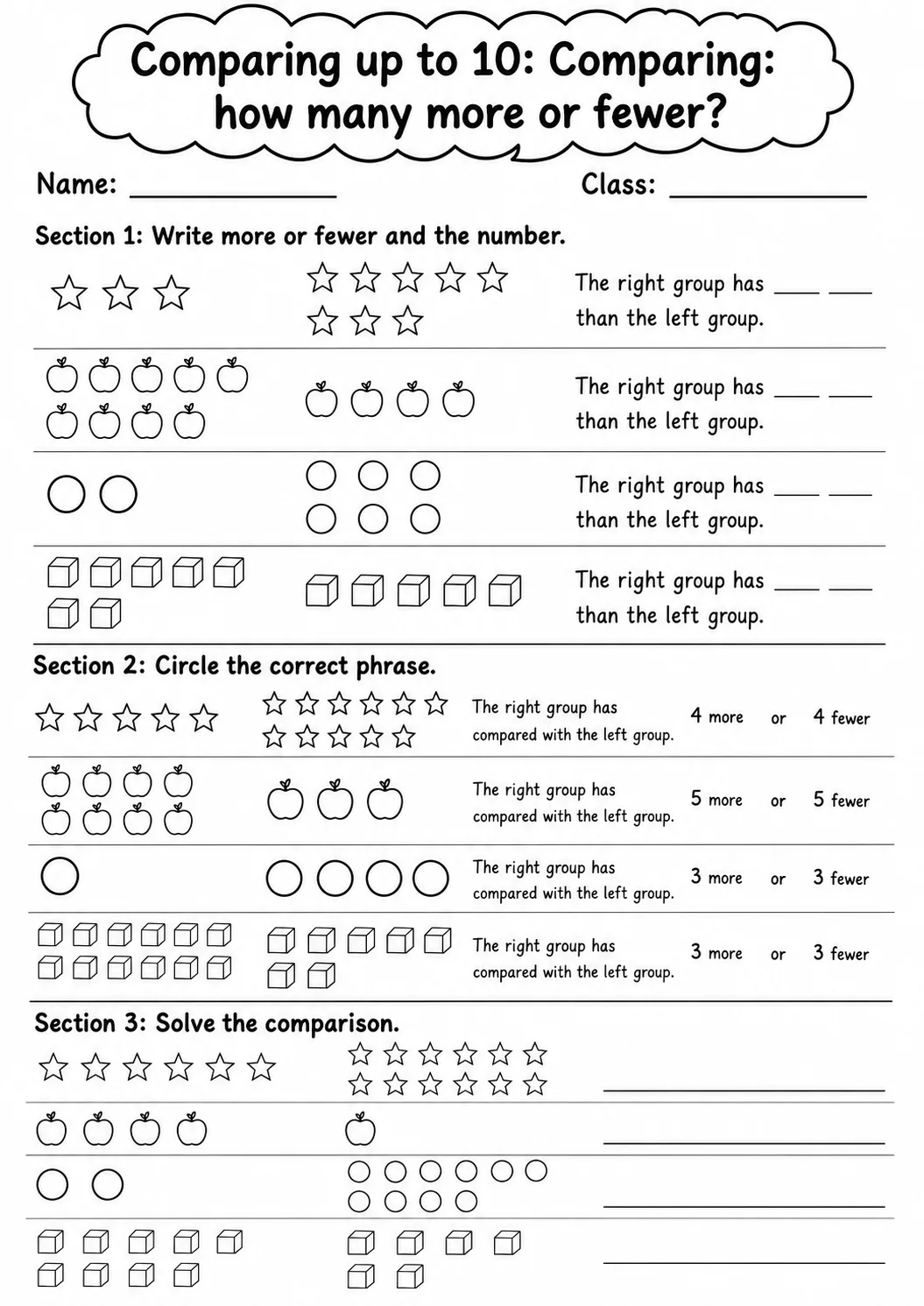 Grade 1 Comparing up to 10 Math Worksheet Pack page 4 printable worksheet preview