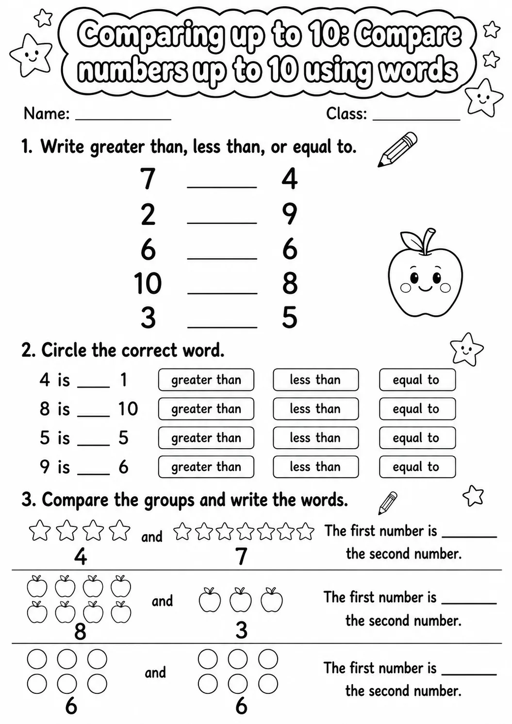 Grade 1 Comparing up to 10 Math Worksheet Pack page 5 printable worksheet preview