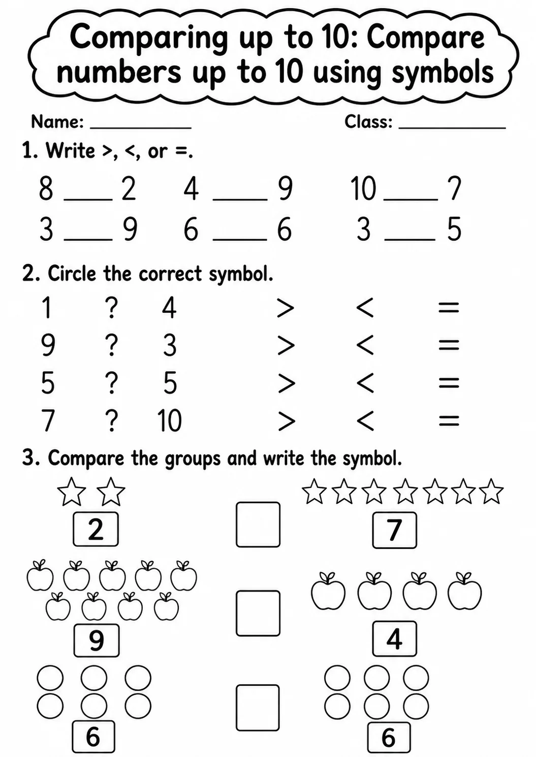 Grade 1 Comparing up to 10 Math Worksheet Pack page 6 printable worksheet preview