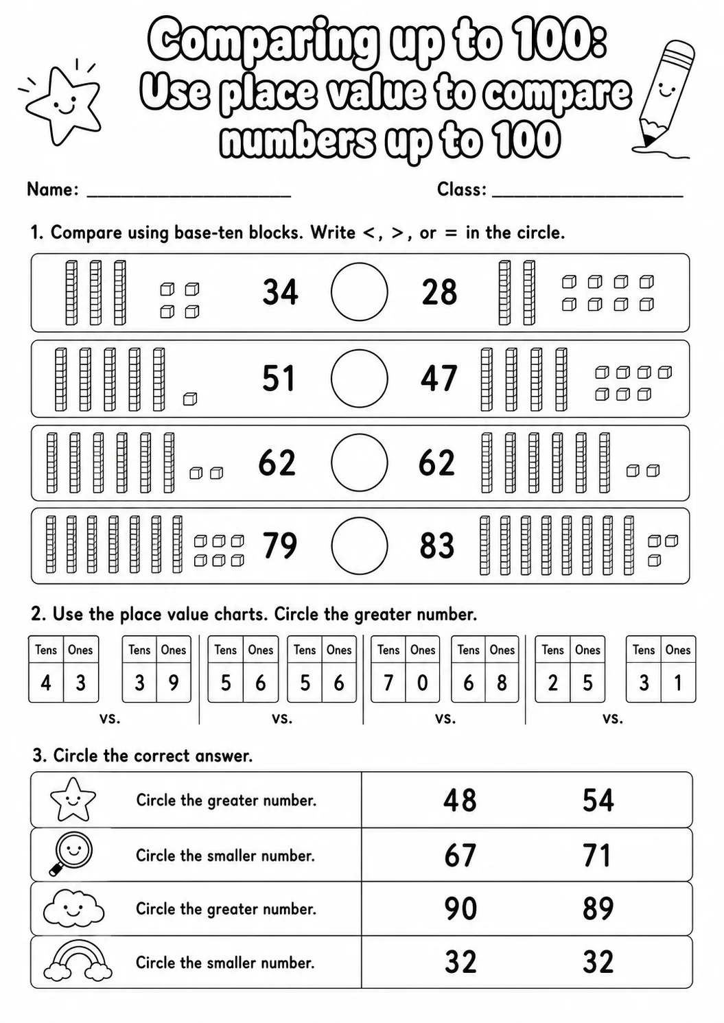 Grade 1 Comparing Up To 100 Math Worksheet Pack printable worksheet pack preview