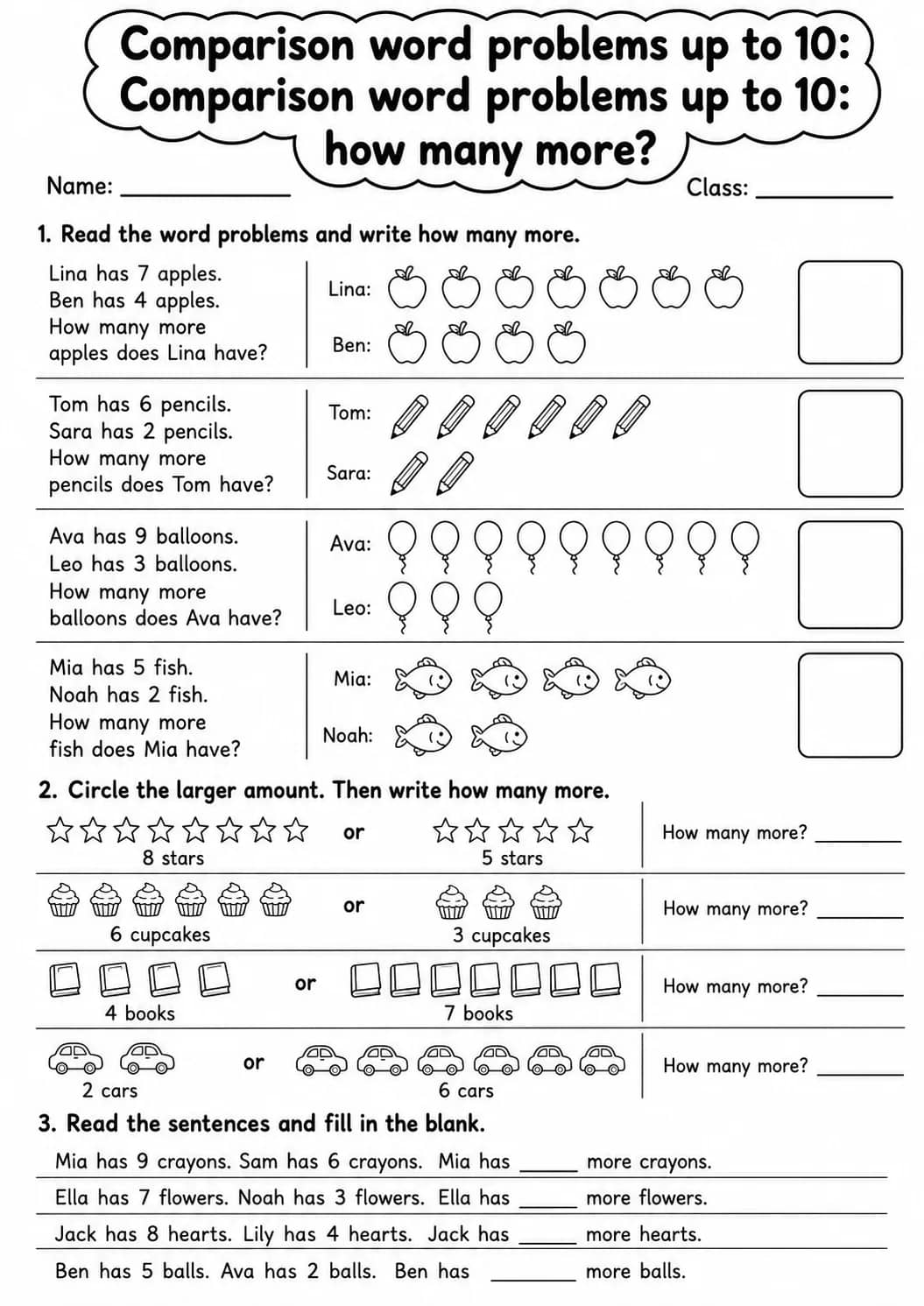 Grade 1 Comparison Word Problems up to 10 Math Worksheet Pack printable worksheet pack preview