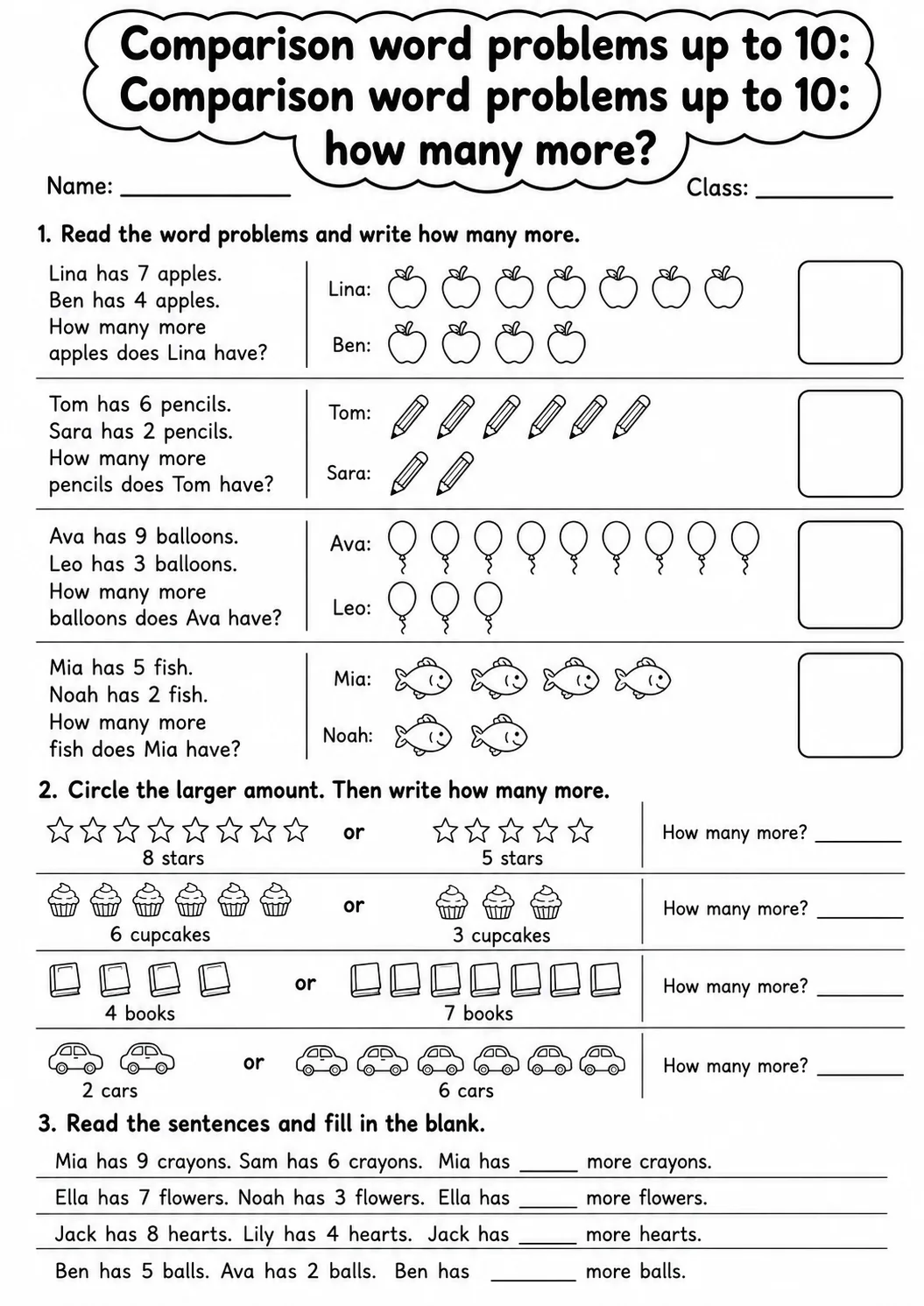 Grade 1 Comparison Word Problems up to 10 Math Worksheet Pack printable worksheet pack preview