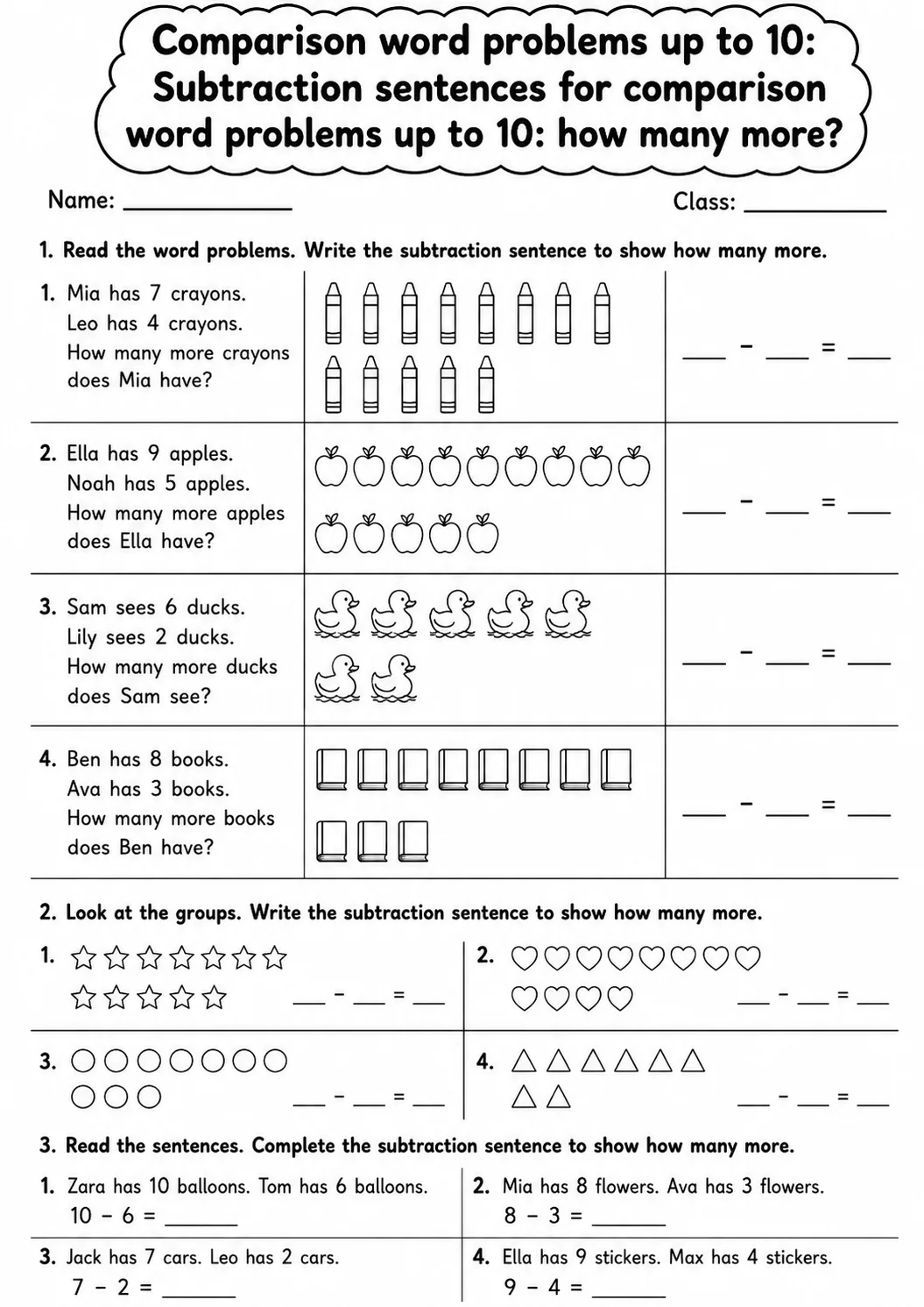 Grade 1 Comparison Word Problems up to 10 Math Worksheet Pack page 2 printable worksheet preview